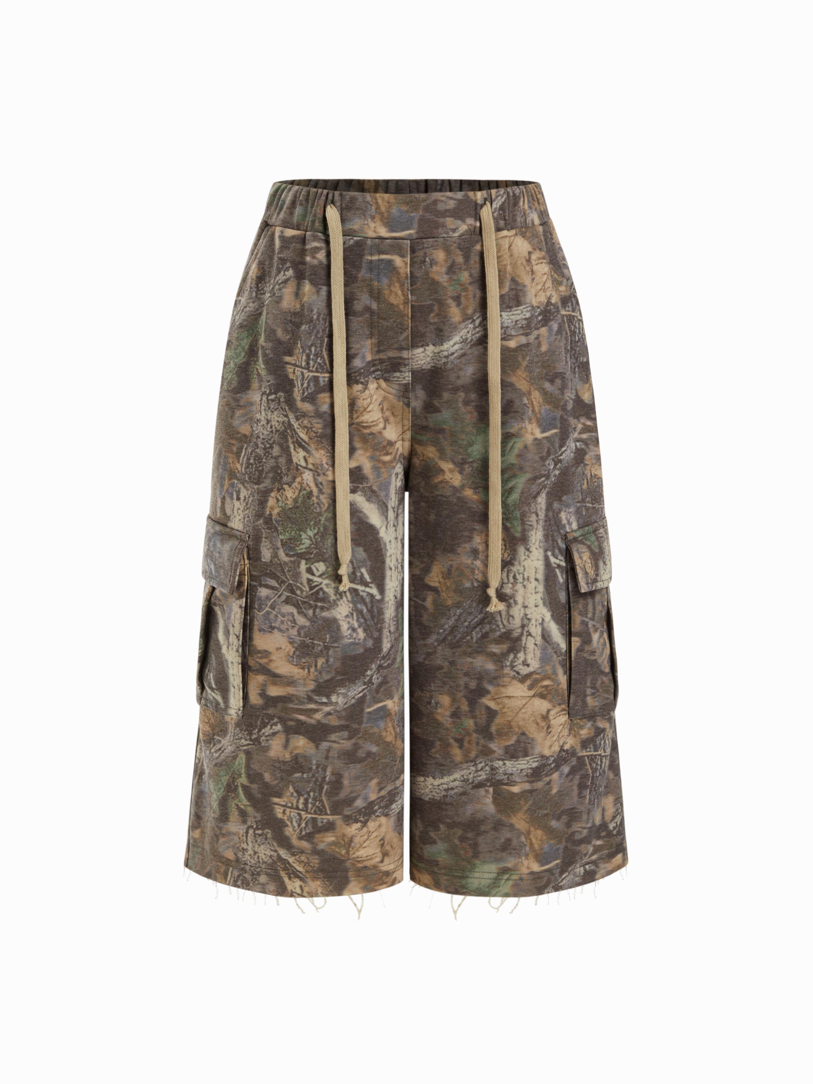 Cotton-blend Mid Rise Camo Drawstring Baggy Bermuda Pants by CIDER