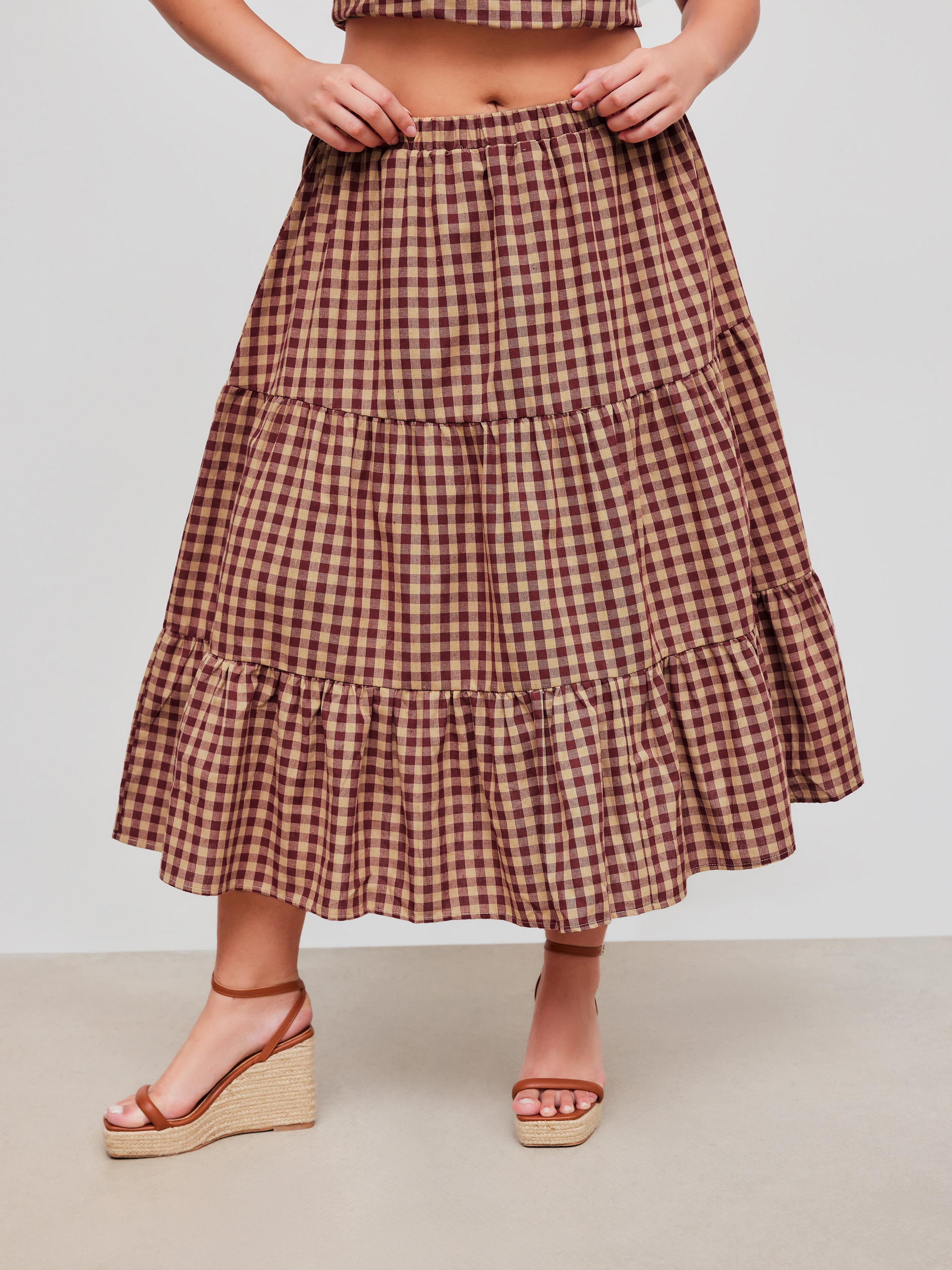 Cotton-blend Mid Rise Check Layered Maxi Skirt Curve & Plus by CIDER