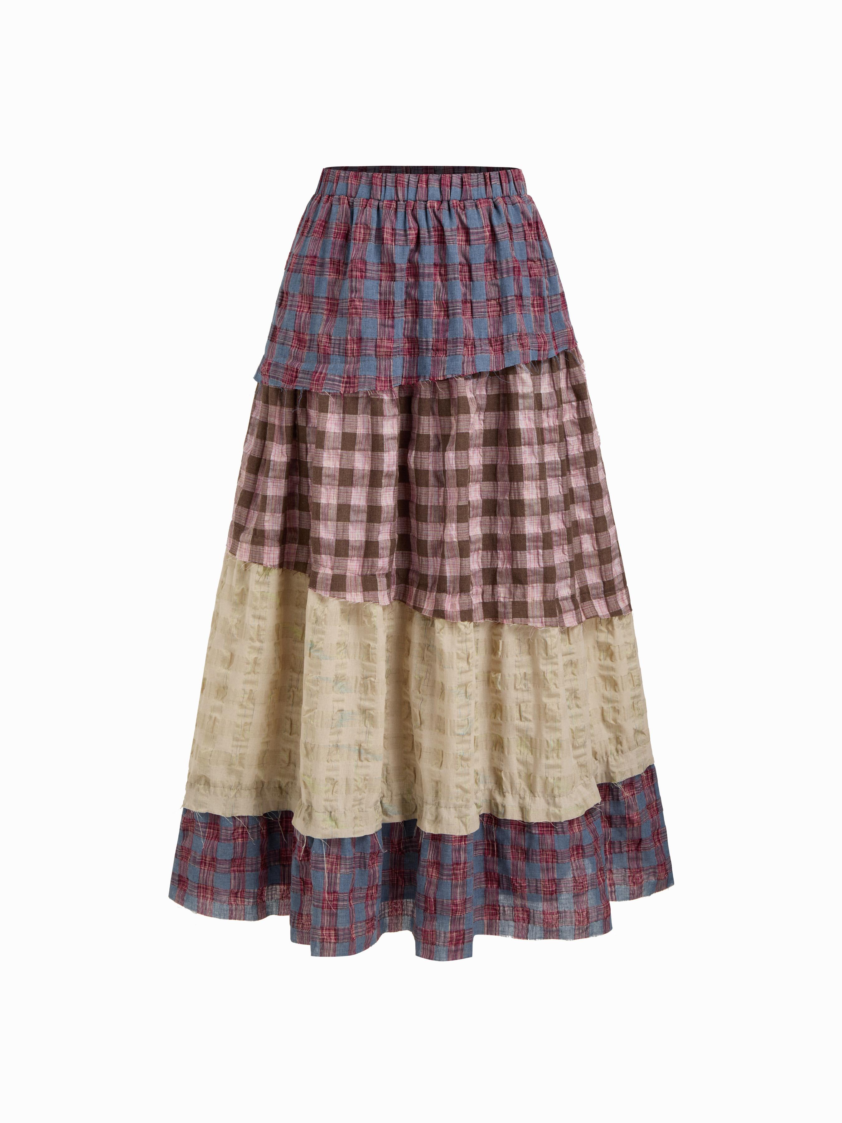 Cotton-blend Mid Rise Checks Colorblock Patched Tiered Maxi Skirt by CIDER