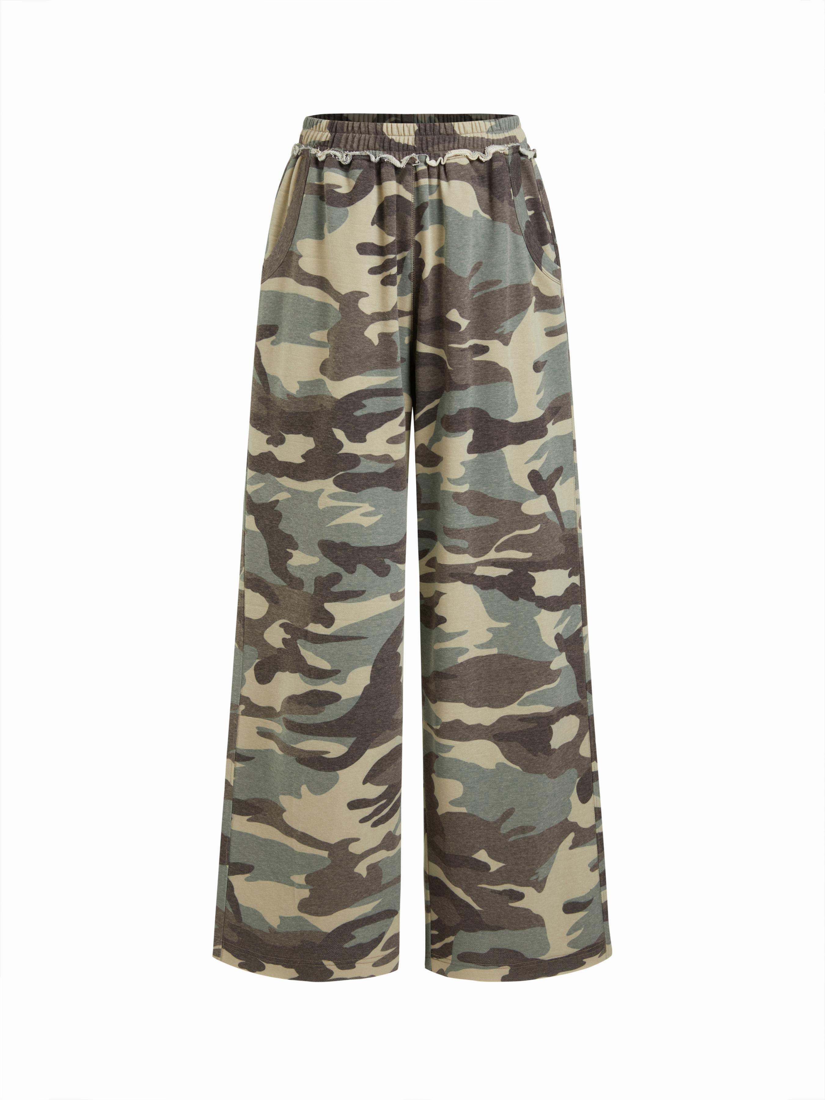 Cotton-blend Mid Rise Elastic Waist Floral Camo Wide Leg Trousers by CIDER