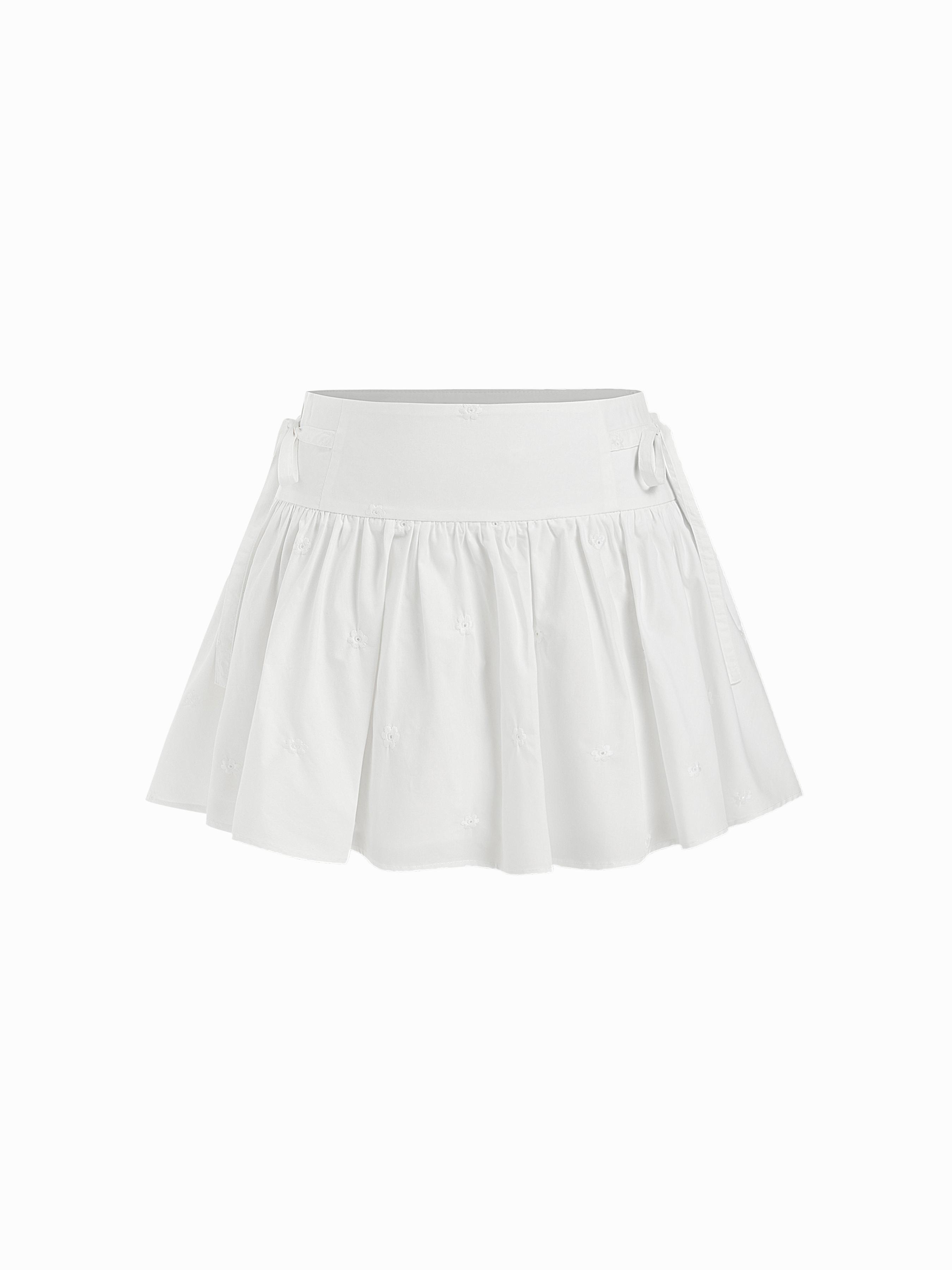 Cotton-blend Mid Rise Embroidery Floral Bowknot Mini Skirt by CIDER