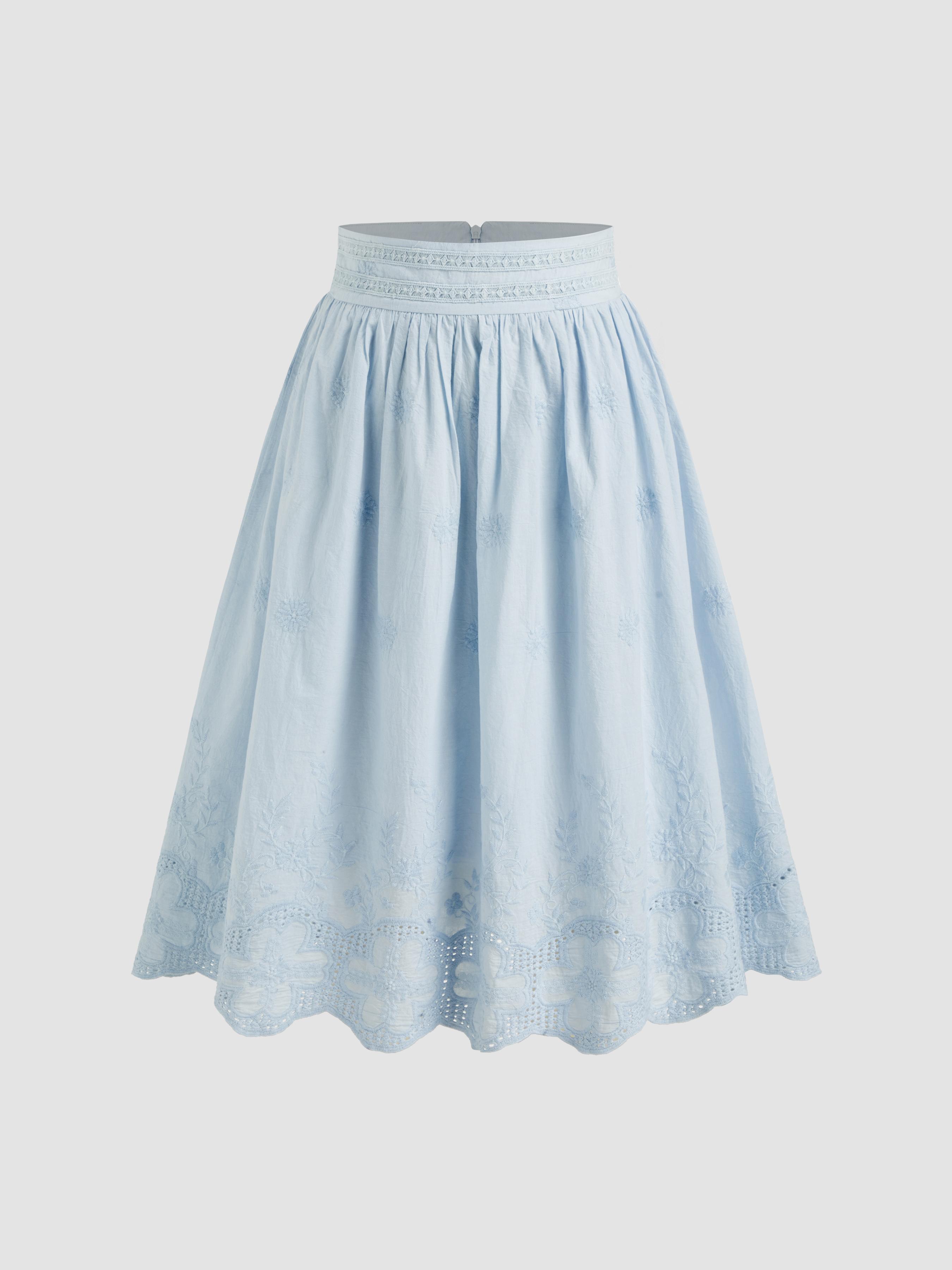 Cotton-blend Mid Rise Floral Lettuce Trim Midi Skirt by CIDER