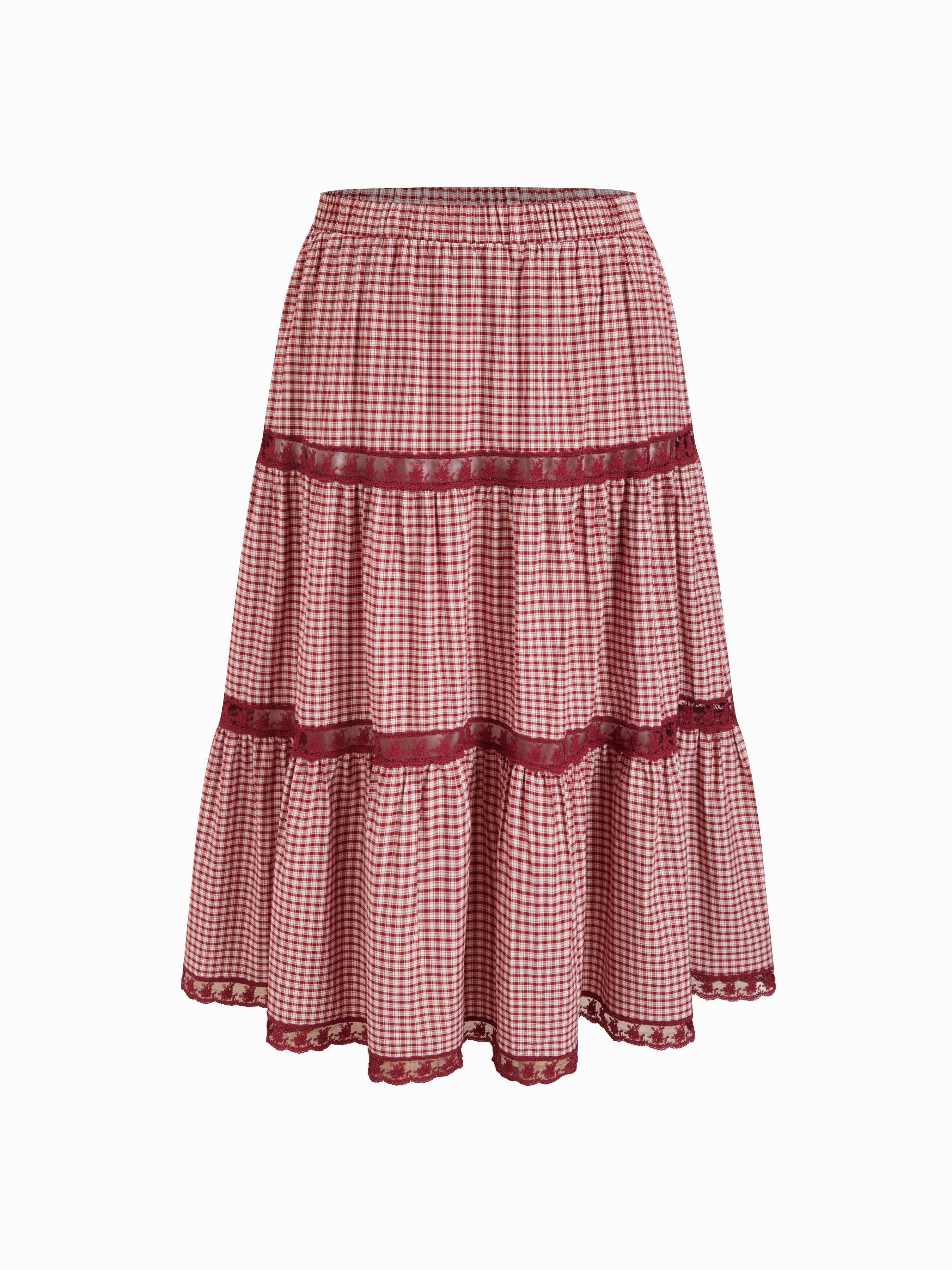 Cotton-blend Mid Rise Gingham Lace Flared Maxi Skirt Curve & Plus by CIDER
