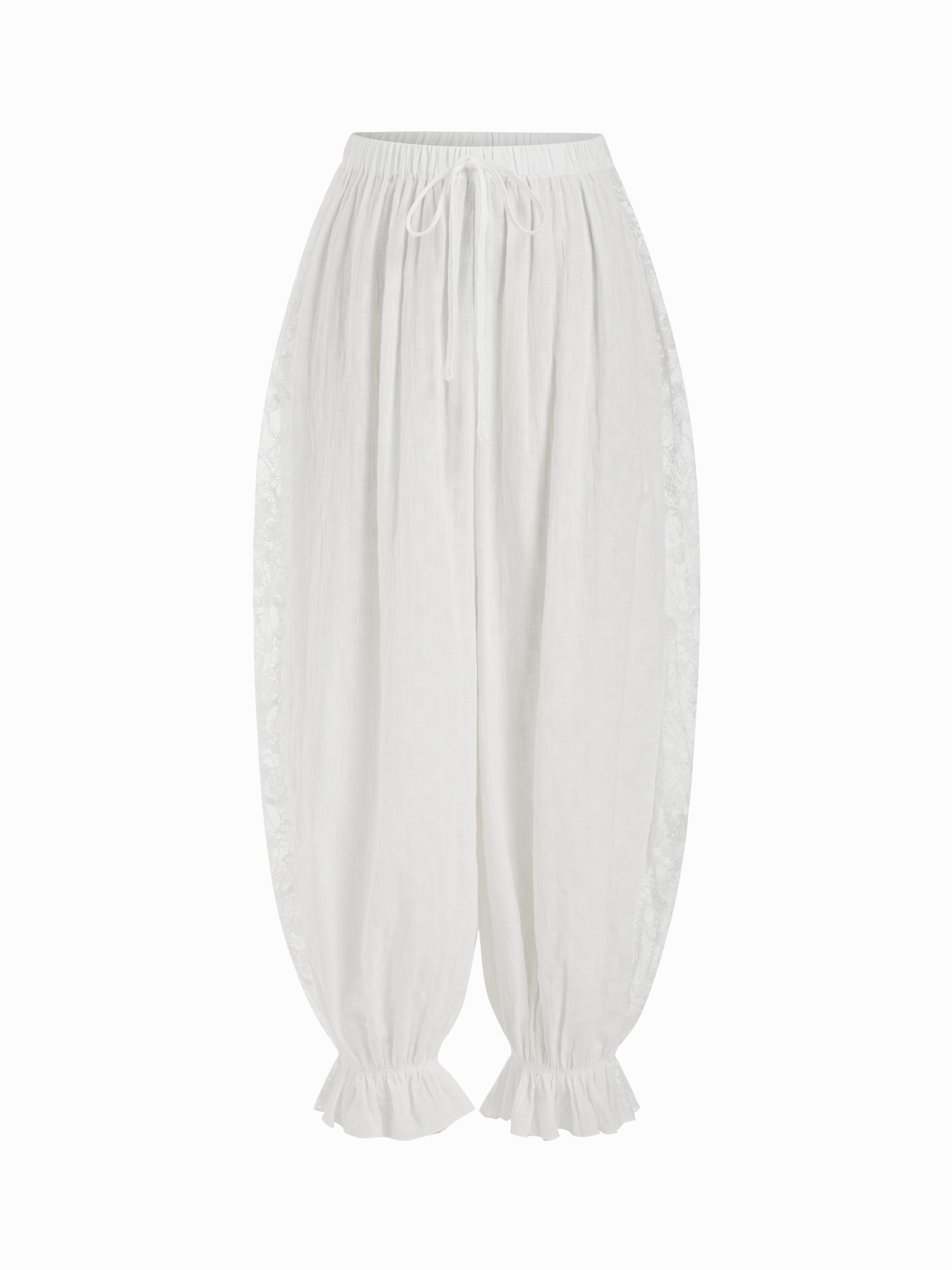Cotton-blend Mid Rise Lace Drawstring Bloomer Lounge Trousers by CIDER