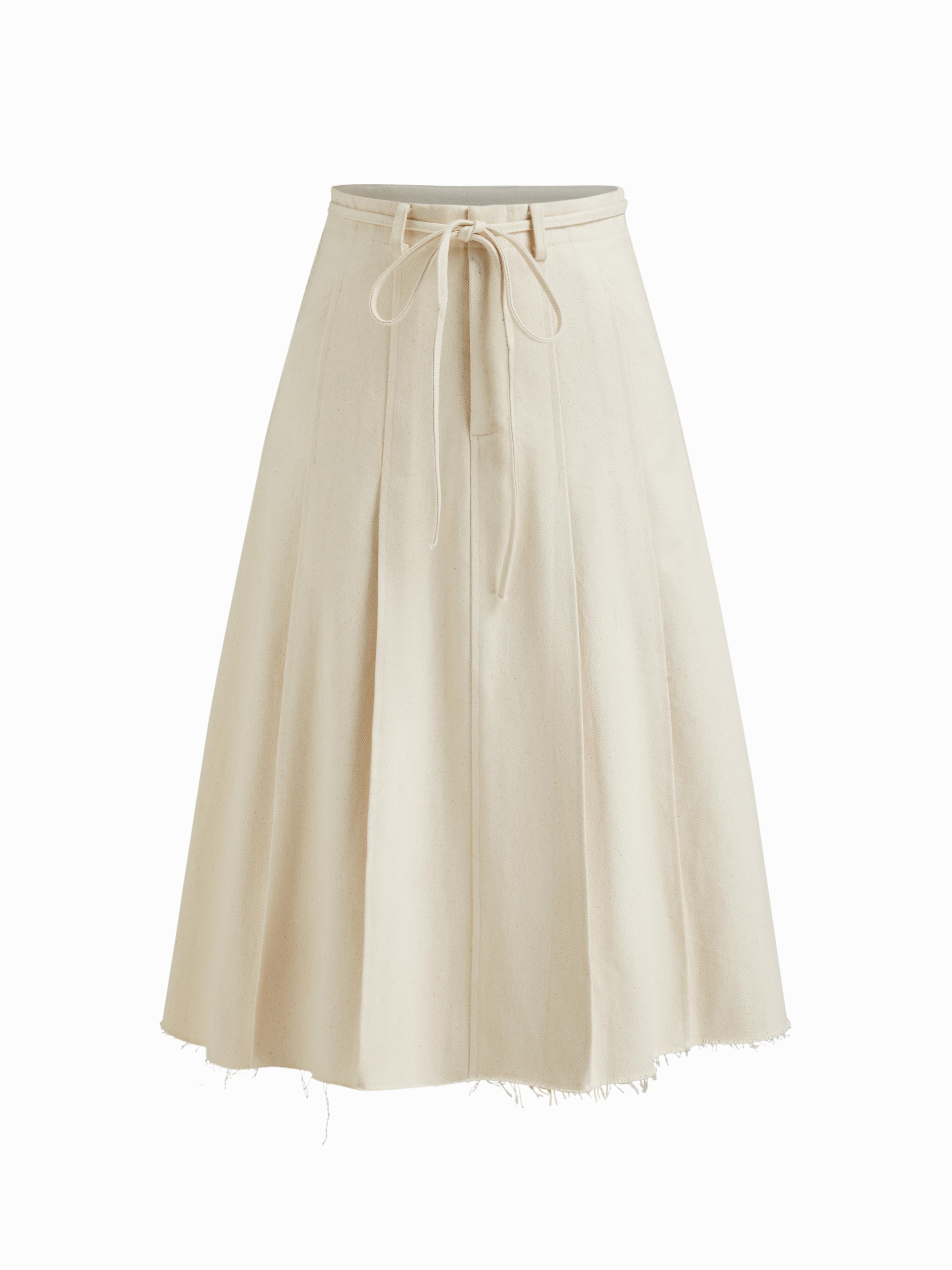 Cotton-blend Mid Rise Pleated Raw Hem Midi Skirt by CIDER