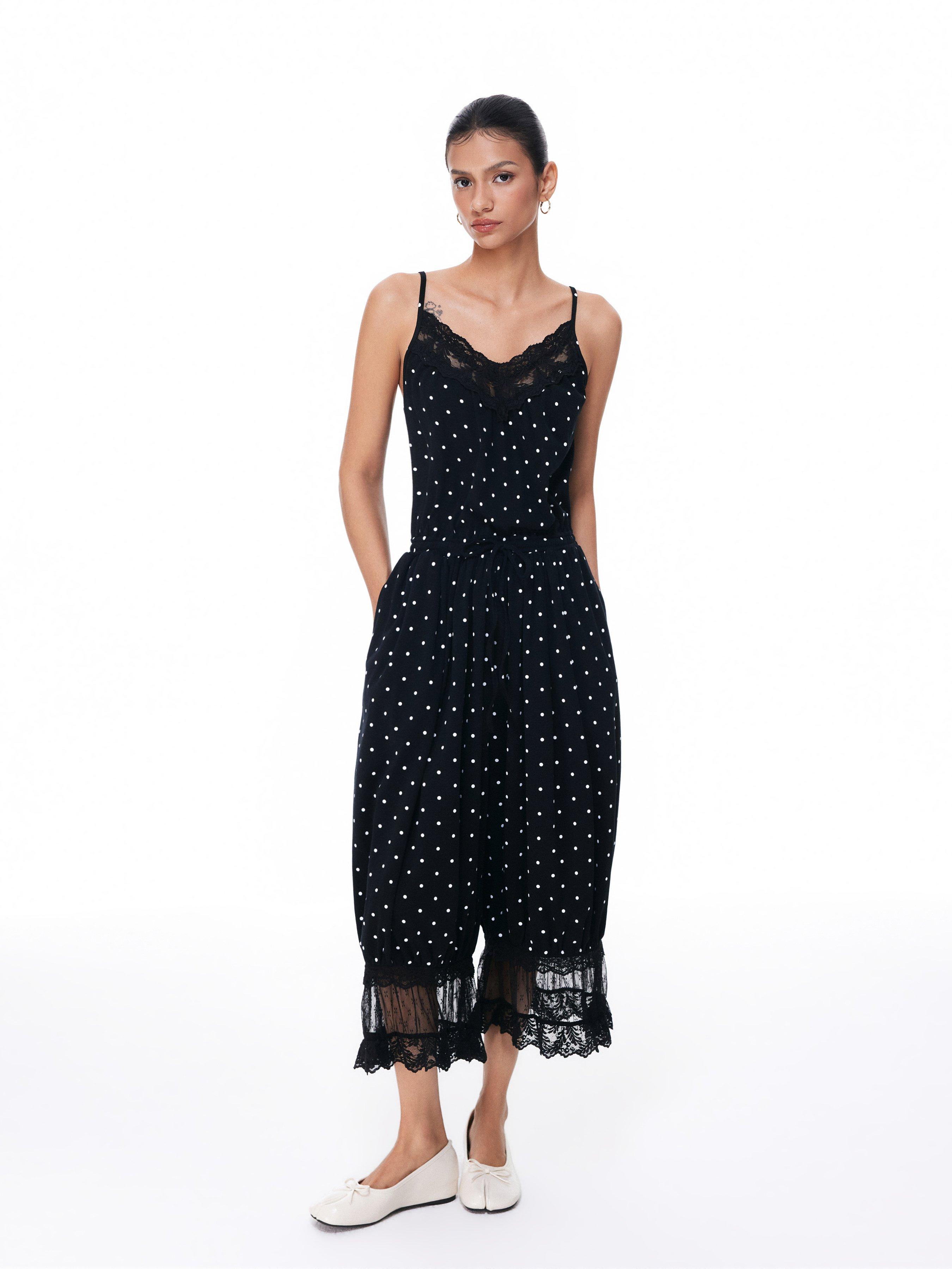 Cotton-blend Mid Rise Polka Dot V-neck Lace Trim Drawstring Cropped Bloomers Jumpsuit by CIDER