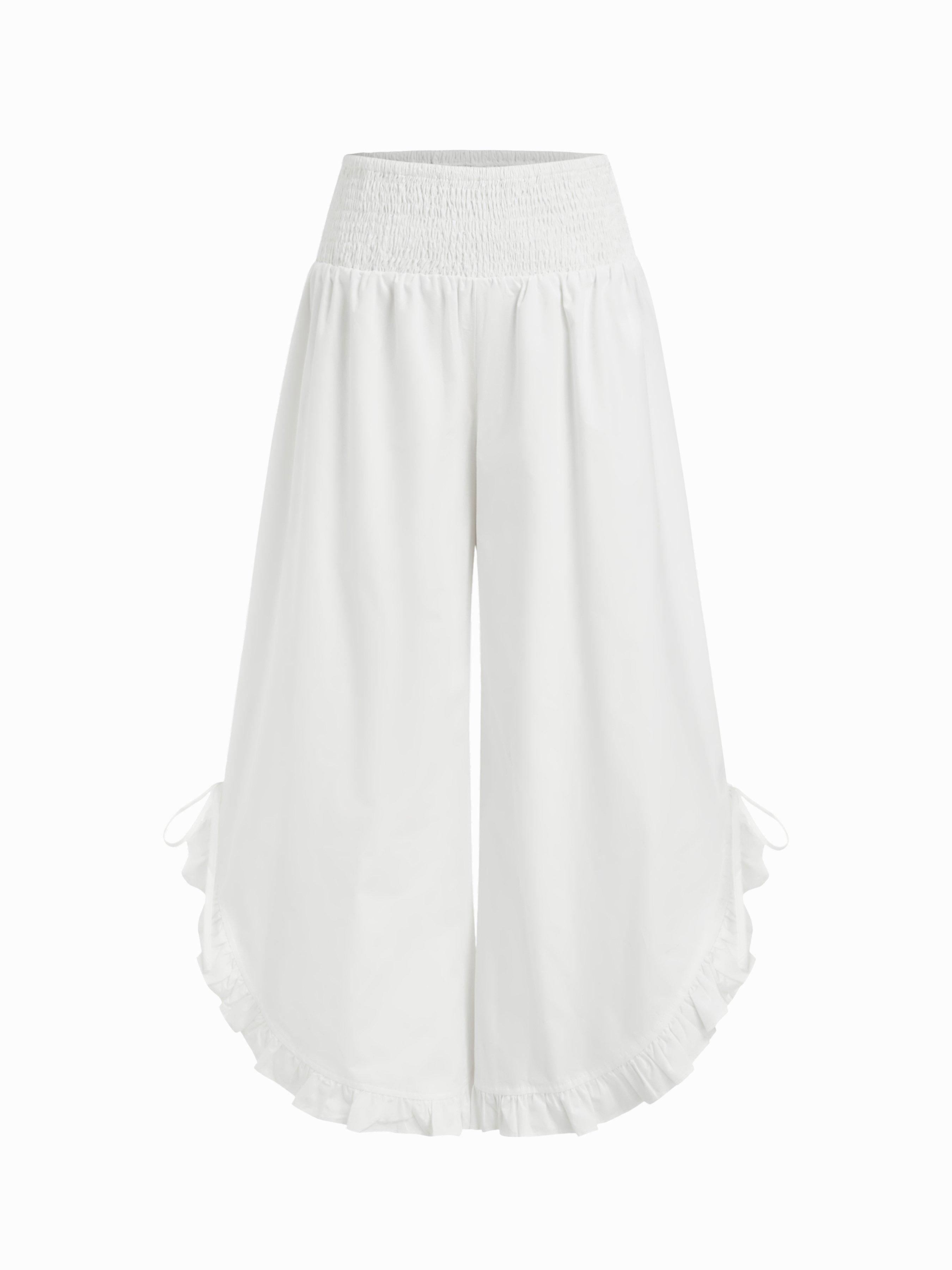 Cotton-blend Mid Rise Shirred Ruffle Hem Wide Leg Capri Trousers by CIDER