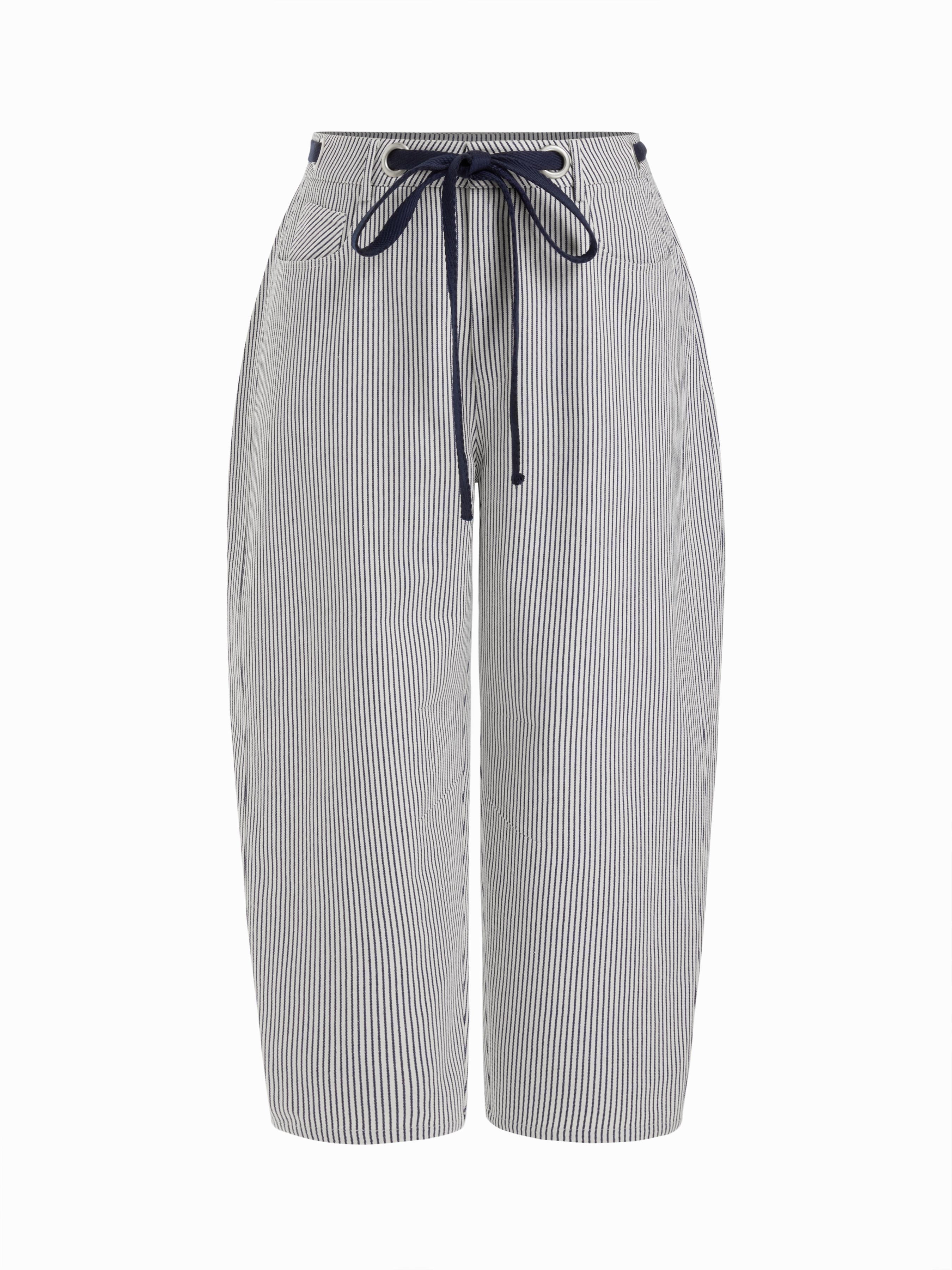 Cotton-blend Mid Rise Stripe Drawstring Barrel-leg Trousers Curve & Plus by CIDER