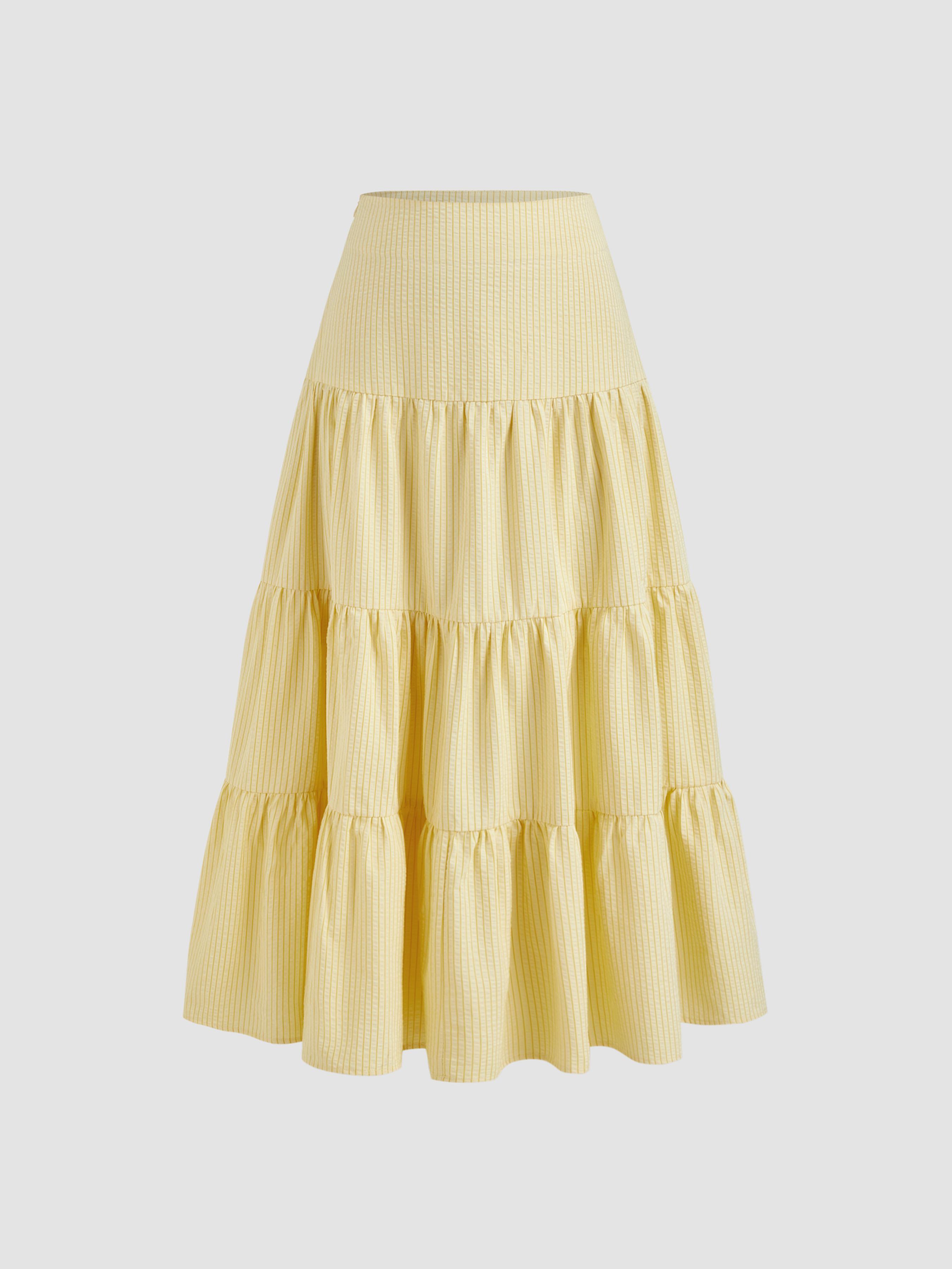 Cotton-blend Mid Rise Stripe Tiered Maxi Skirt by CIDER