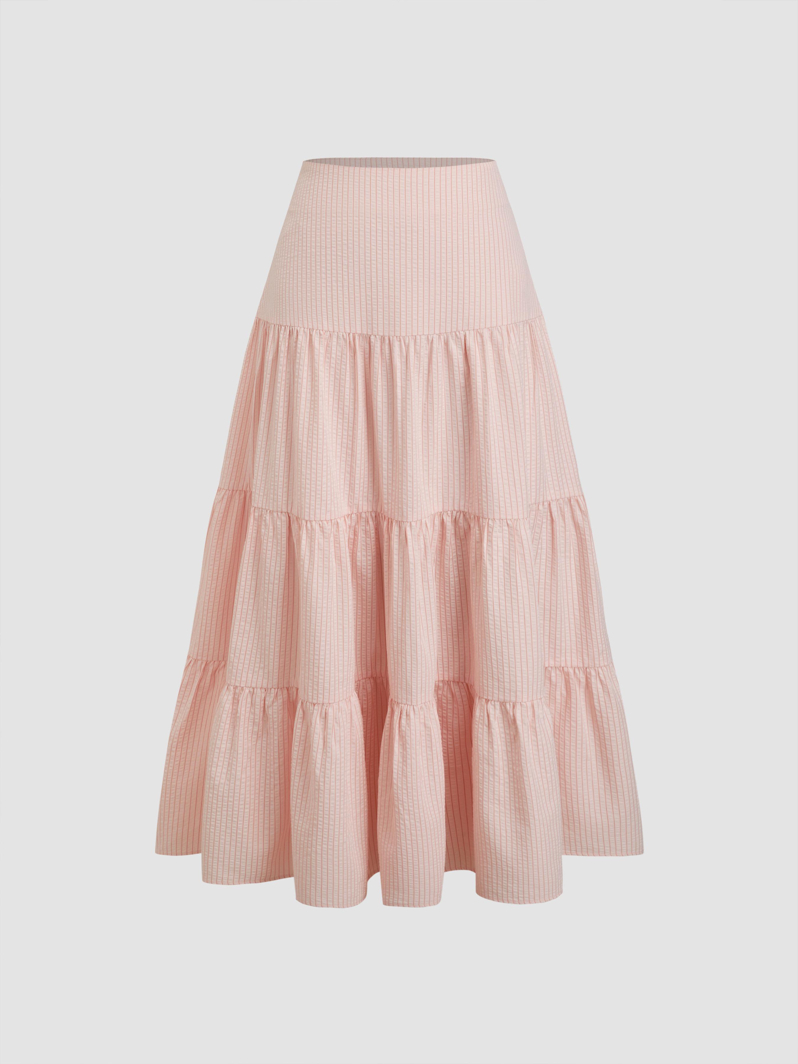 Cotton-blend Mid Rise Stripe Tiered Maxi Skirt by CIDER