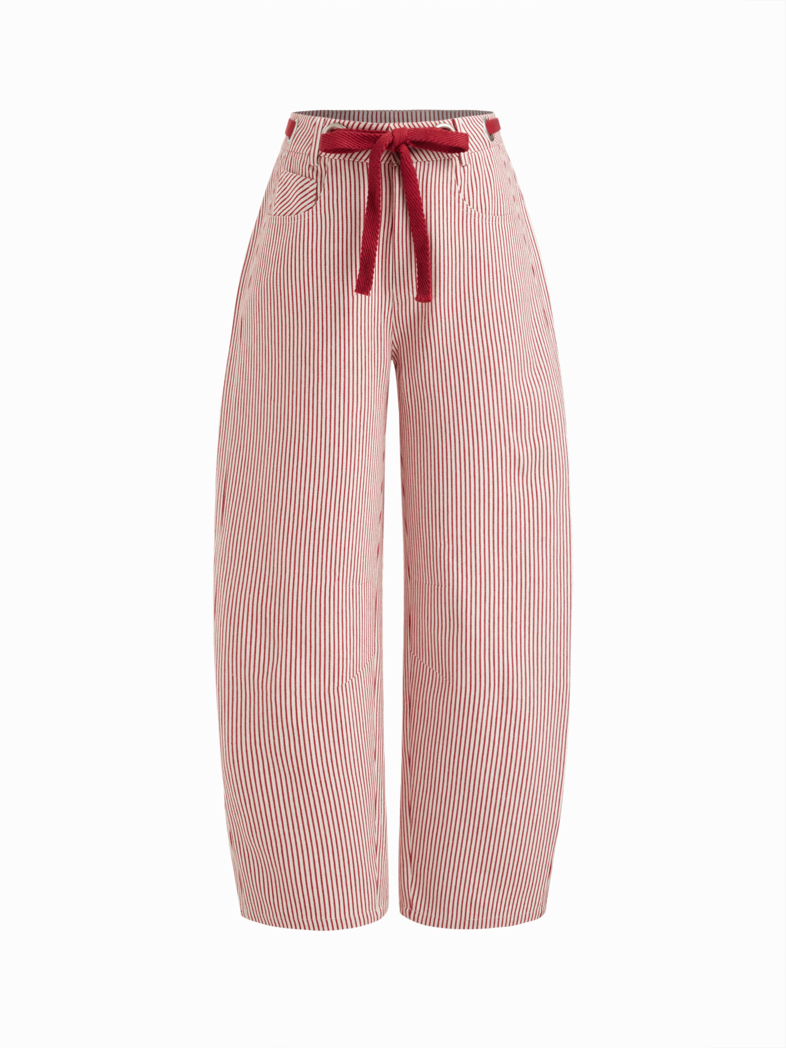 Cotton-blend Mid Rise Striped Drawstring Barrel-leg Trousers by CIDER