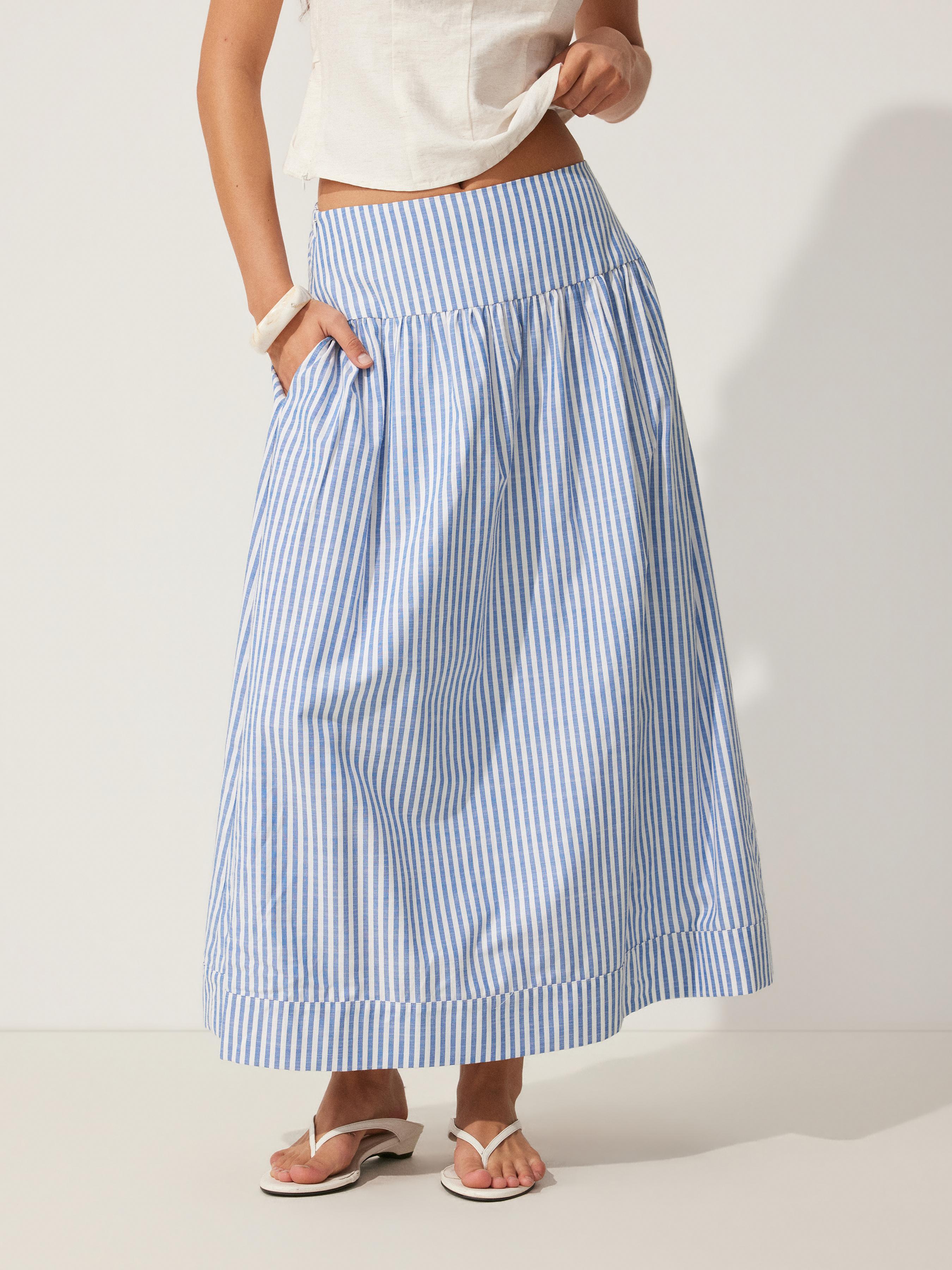 Cotton-blend Mid Rise Striped Flared Maxi Skirt by CIDER