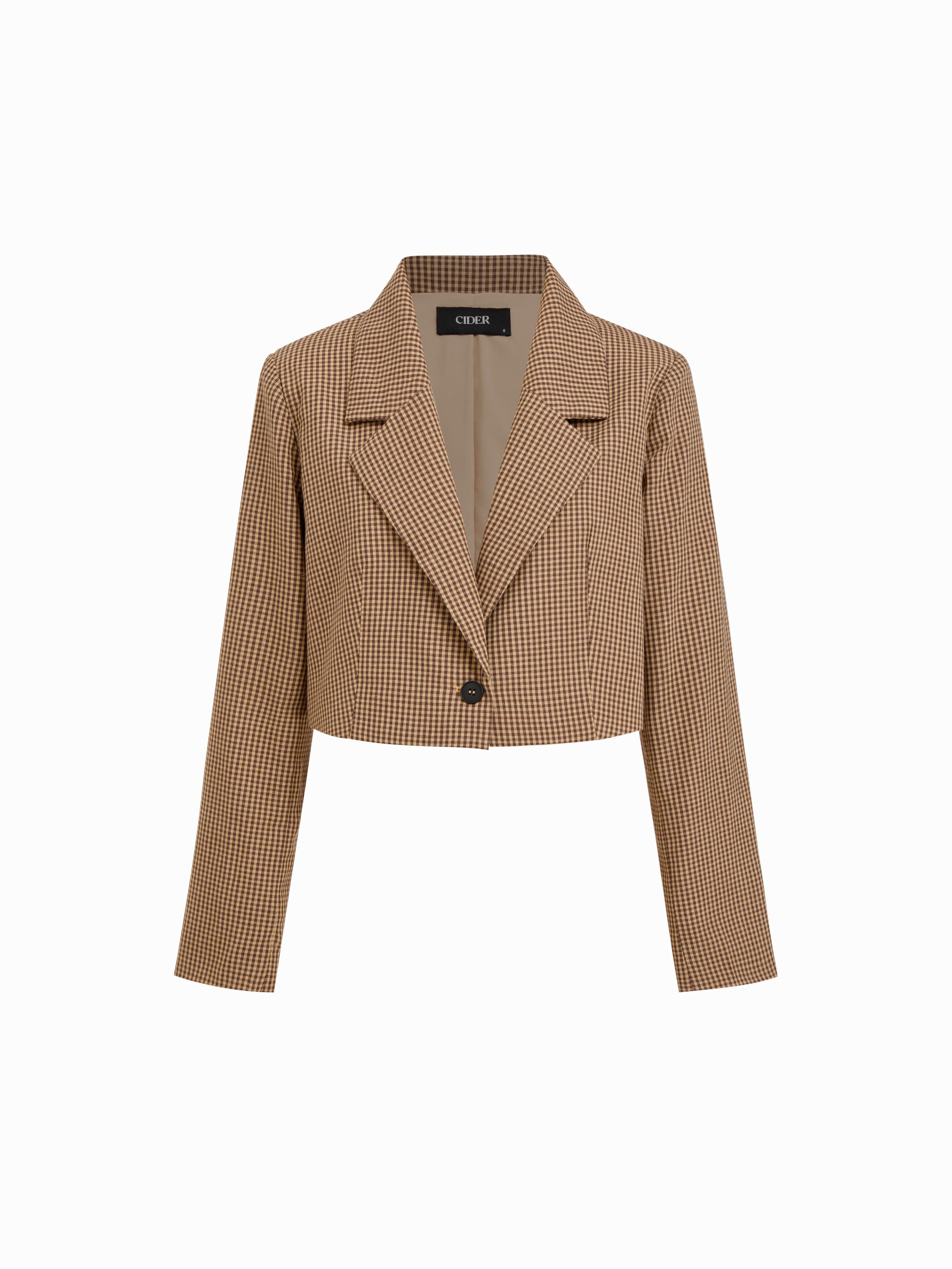 Cotton-blend Notched Collar Gingham Button Cropped Blazer by CIDER