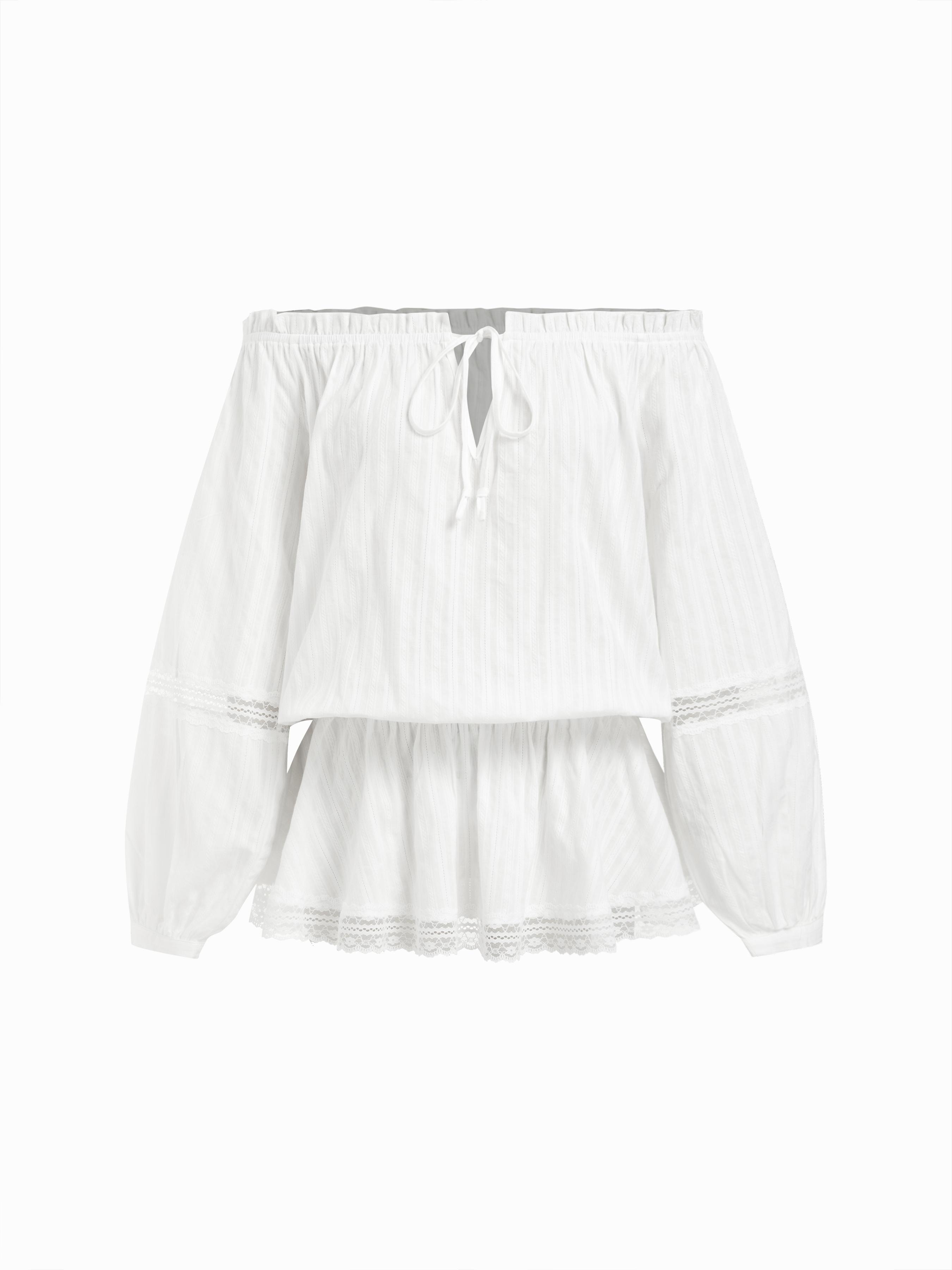 Cotton-blend Off-shoulder Lace Drawstring Puff Sleeve Oversized Blouse by CIDER