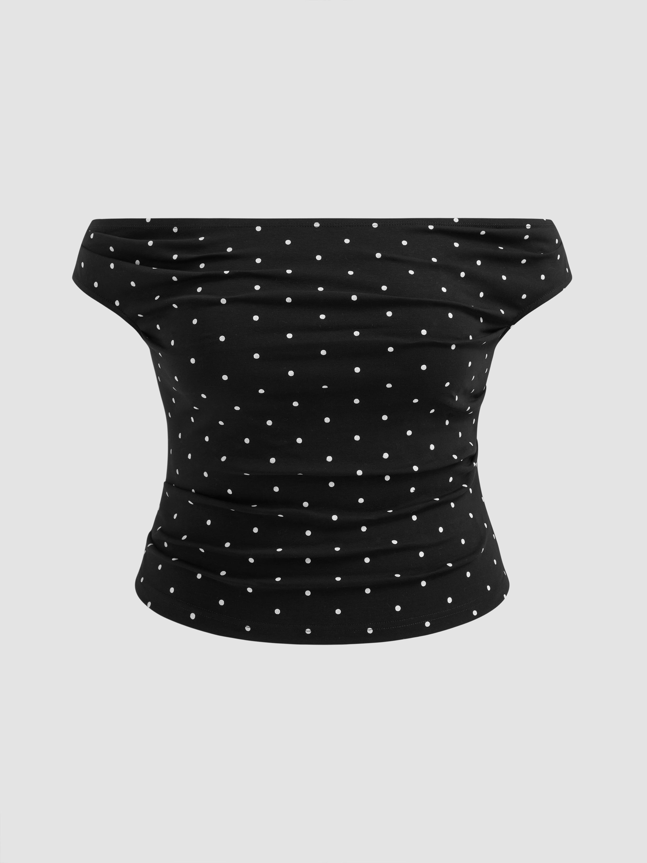 Cotton-blend Off-shoulder Polka Dot Ruched Top Curve & Plus by CIDER
