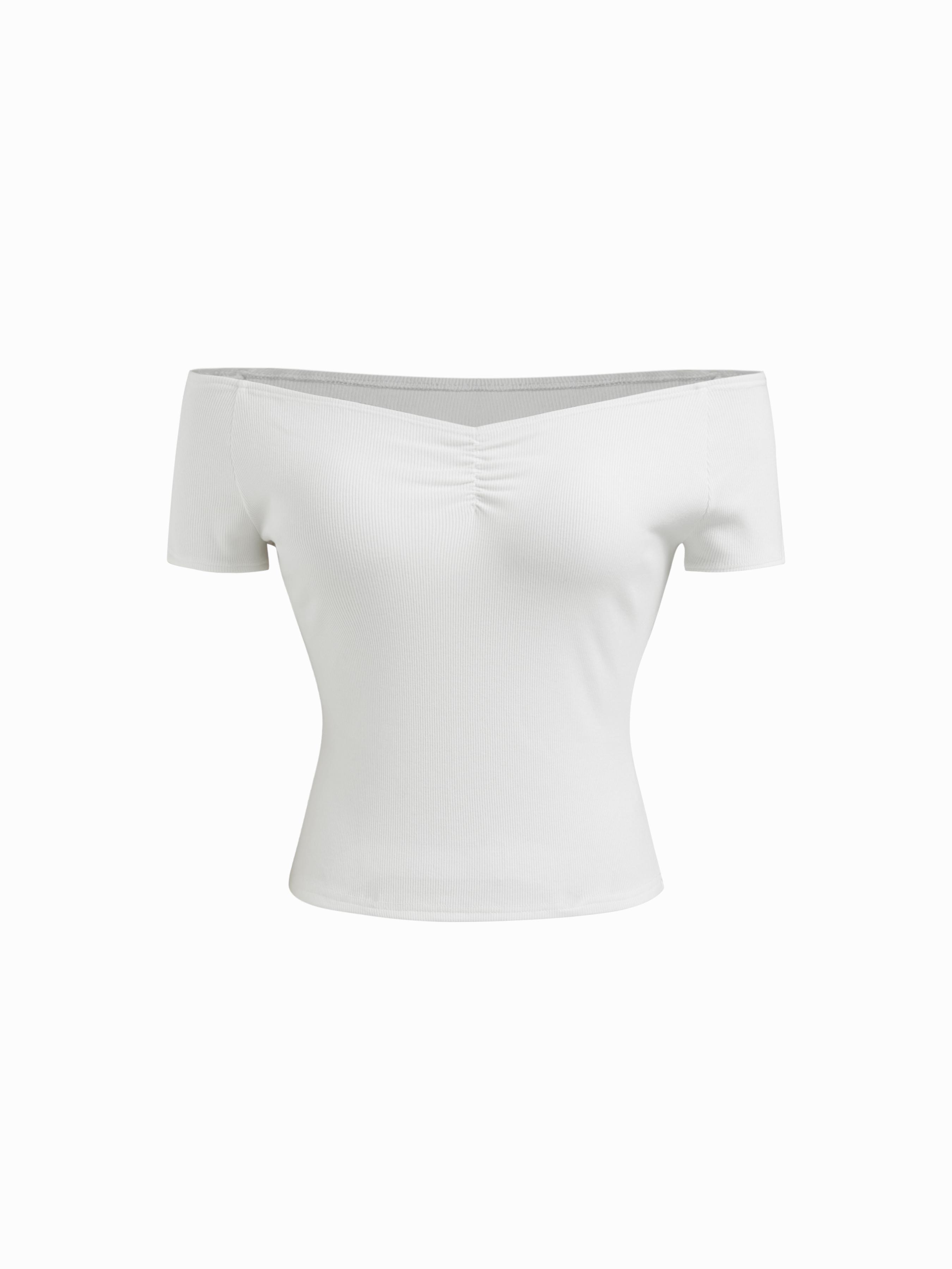 Cotton-blend Off-shoulder Ruched Short Sleeve Cropped Tee by CIDER