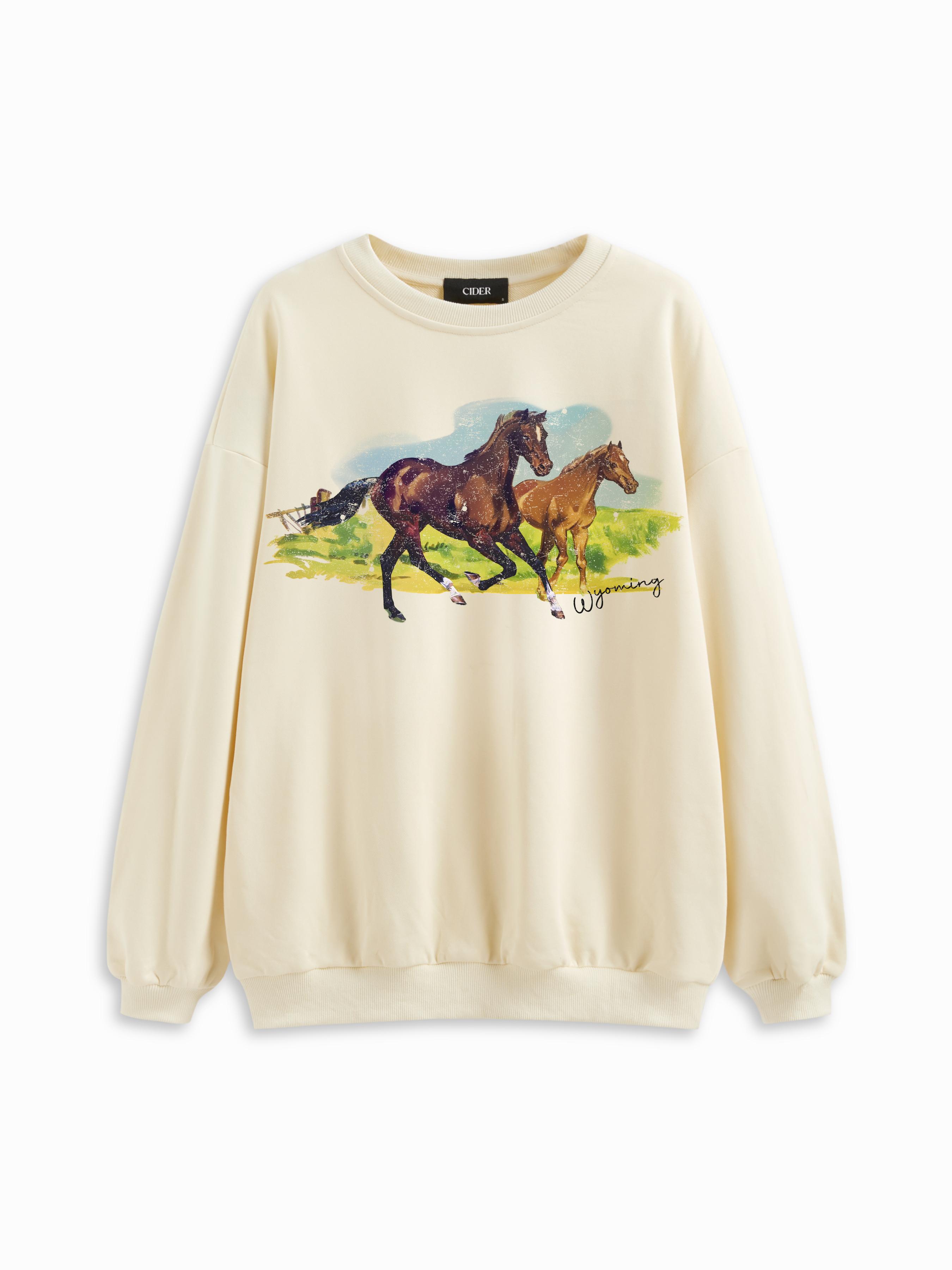 Cotton-blend Oversized Terry Round Neckline Horse Graphic Sweatshirt by CIDER