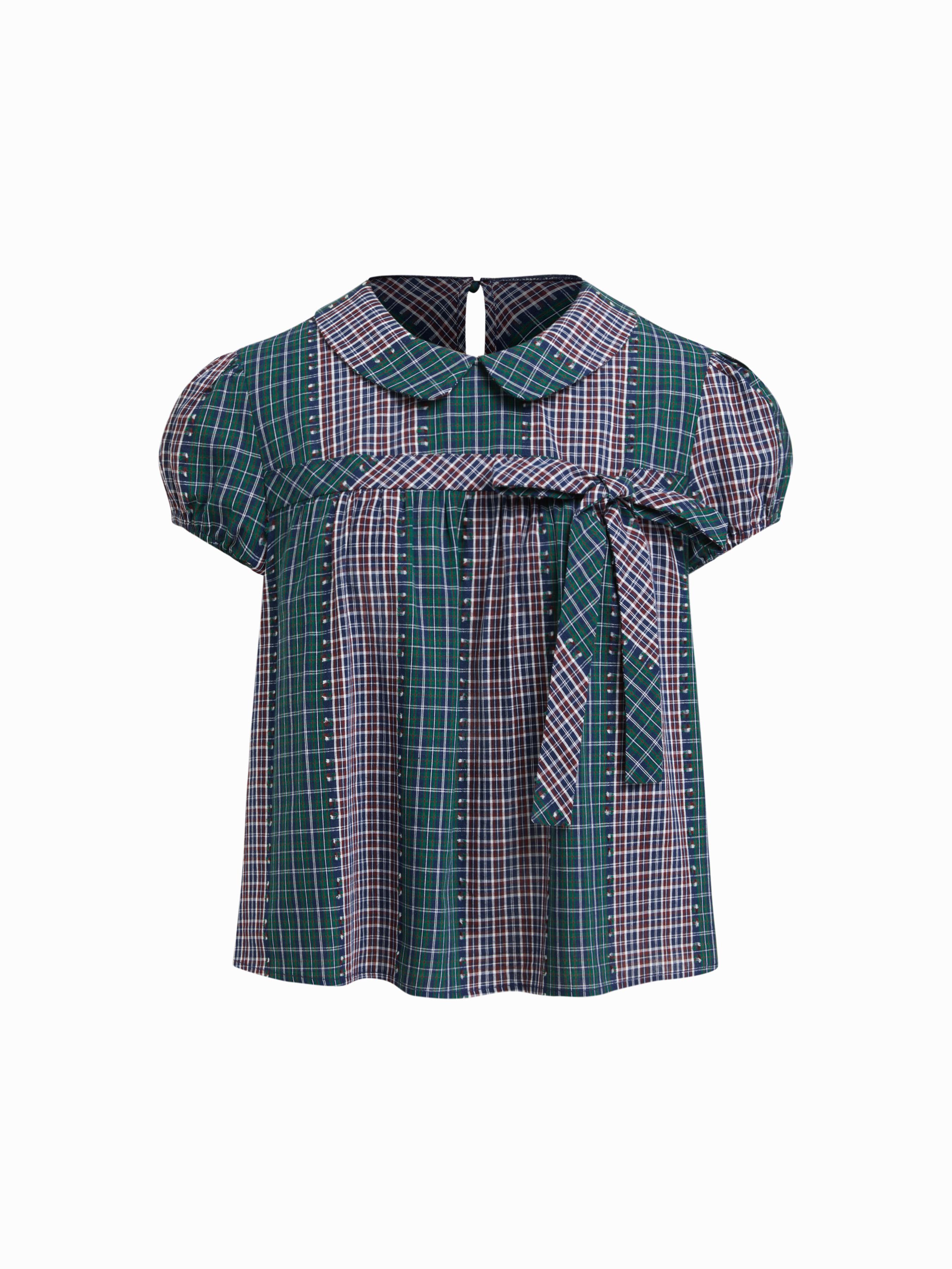 Cotton-blend Peter Pan Collar Check Bowknot Oversized Blouse by CIDER