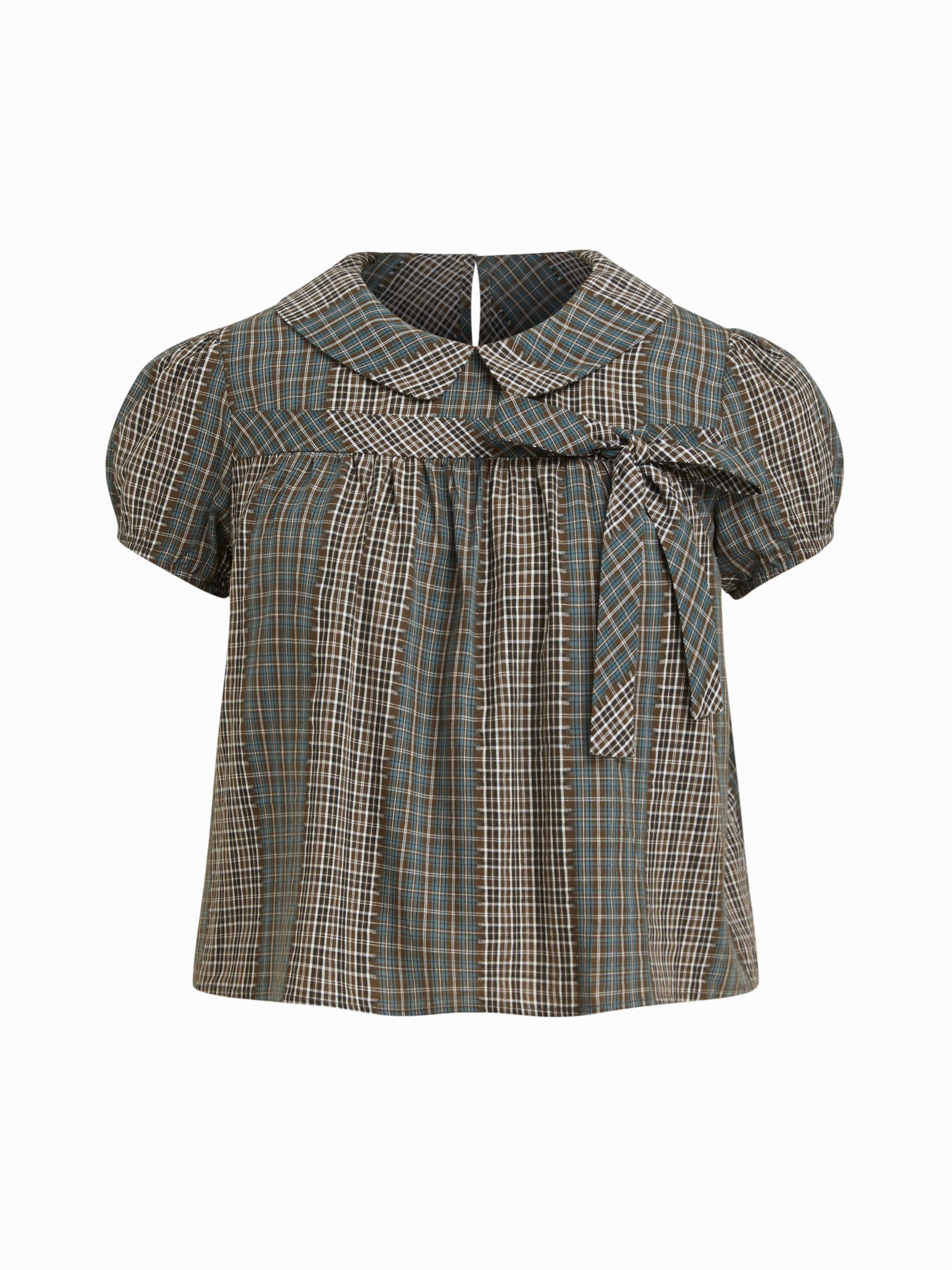 Cotton-blend Peter Pan Collar Check Bowknot Oversized Blouse Curve & Plus by CIDER