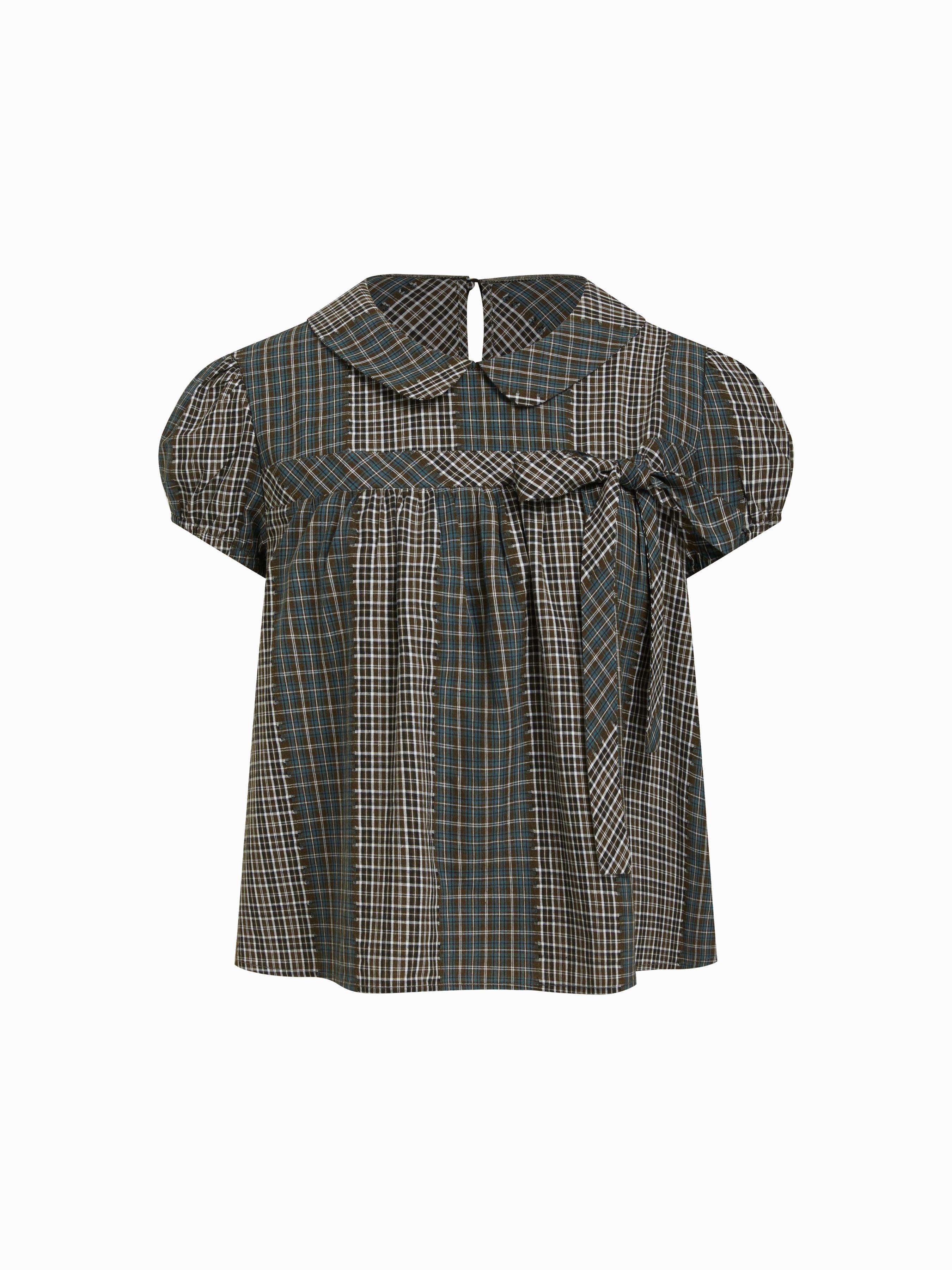 Cotton-blend Peter Pan Collar Check Bowknot Oversized Blouse by CIDER