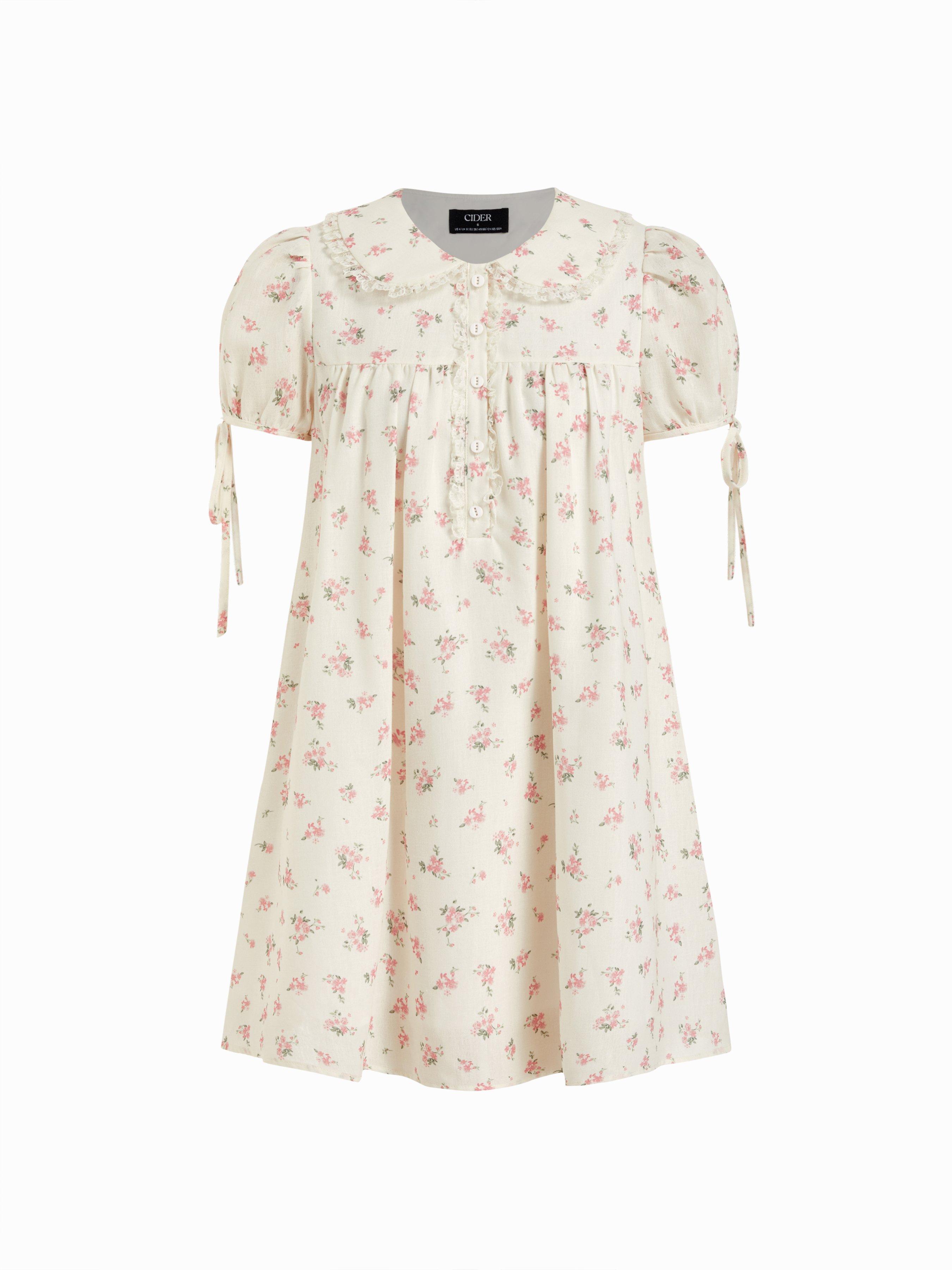 Cotton-blend Peter Pan Collar Plaid Lace Trim Puff Sleeve Knotted Mini Dress by CIDER