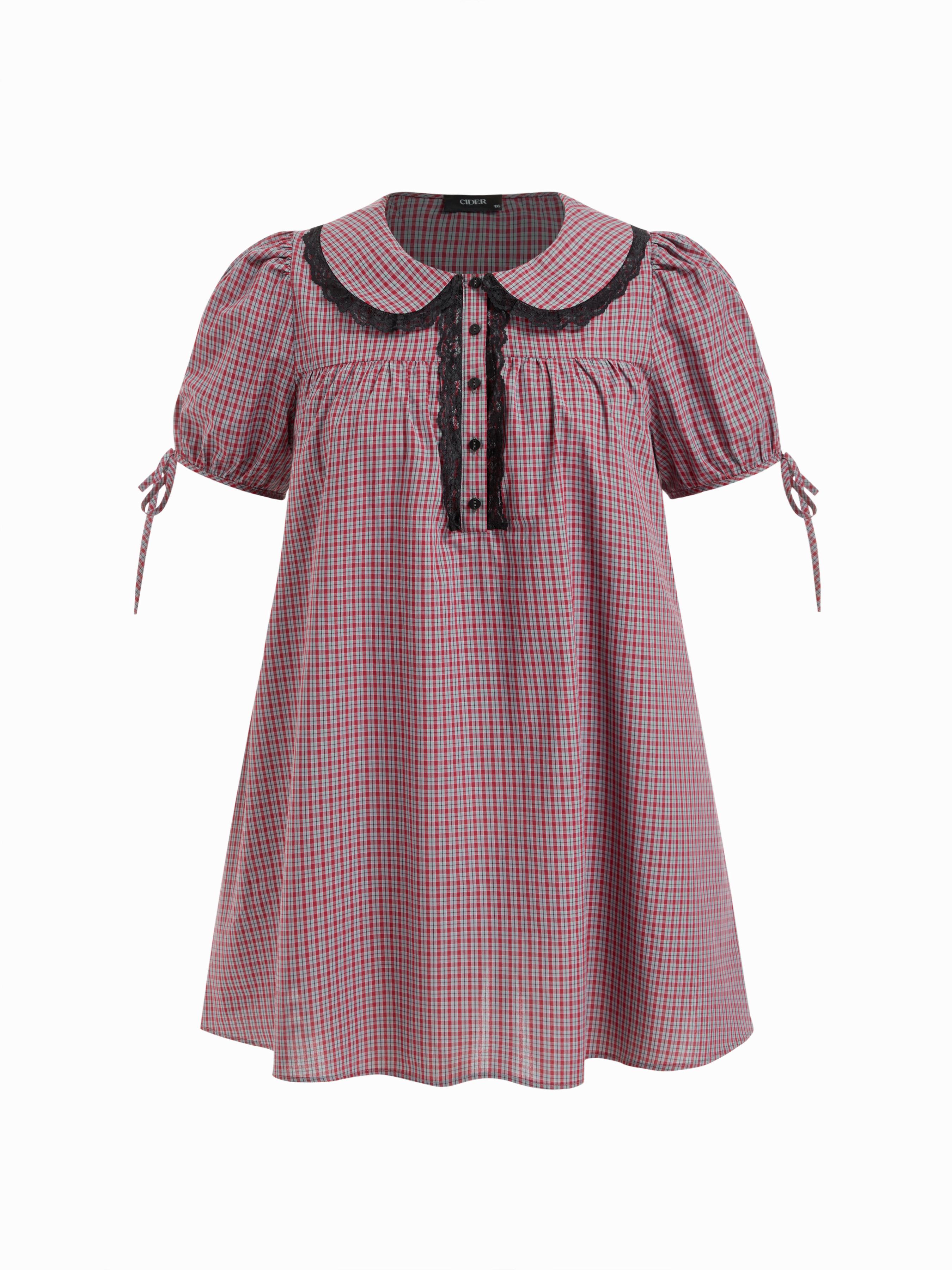 Cotton-blend Peter Pan Collar Plaid Lace Trim Puff Sleeve Knotted Mini Dress Curve & Plus by CIDER