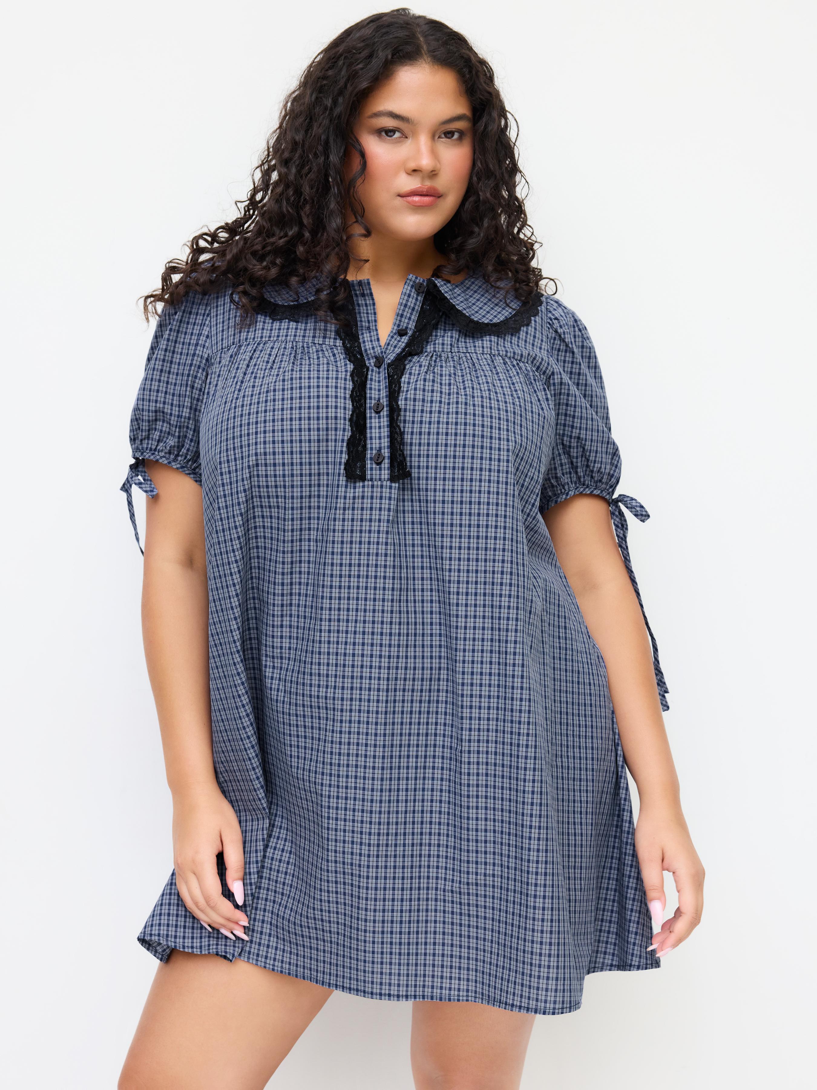 Cotton-blend Peter Pan Collar Plaid Lace Trim Puff Sleeve Knotted Mini Dress Curve & Plus by CIDER