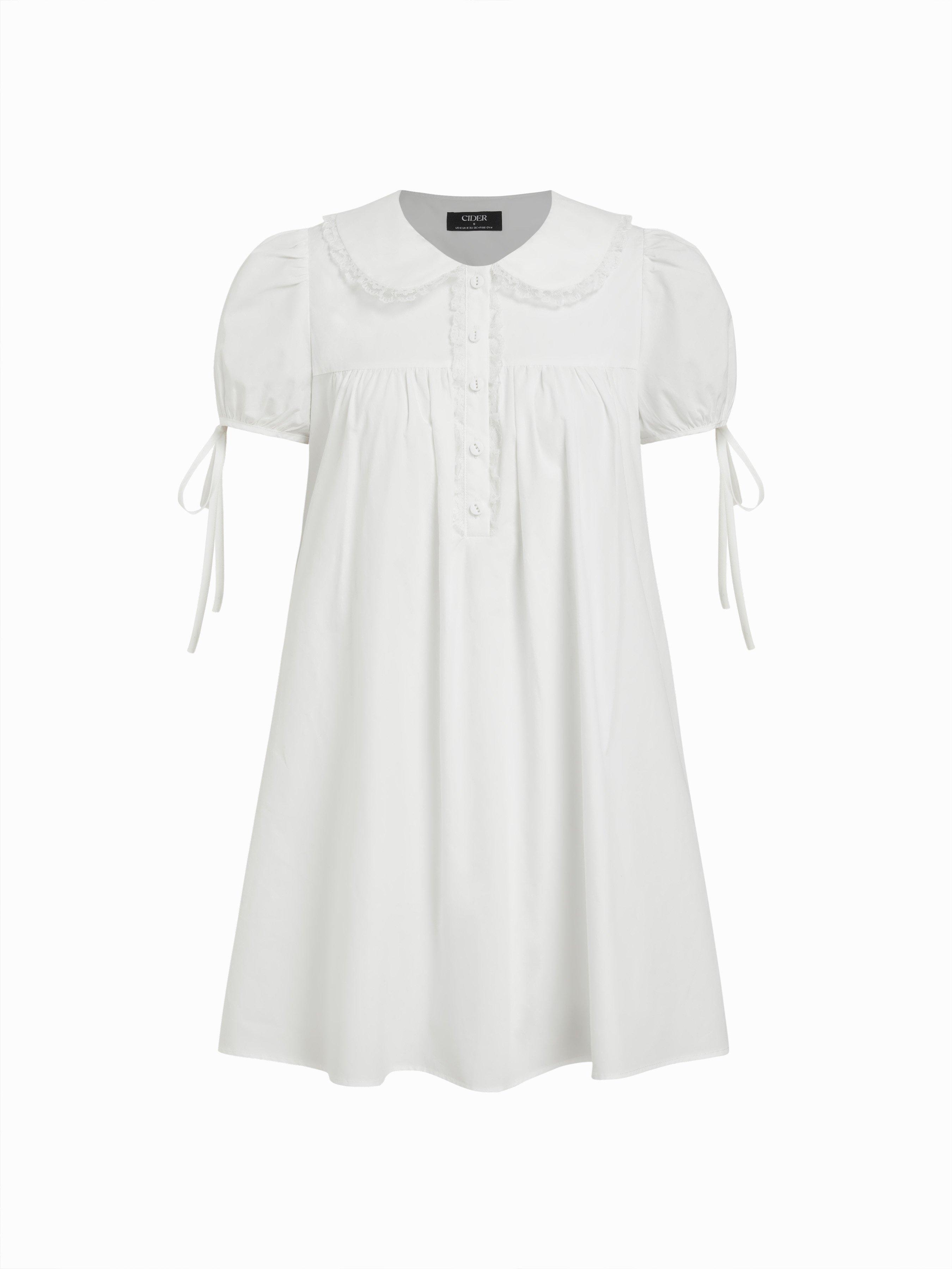 Cotton-blend Peter Pan Collar Plaid Lace Trim Puff Sleeve Knotted Mini Dress by CIDER