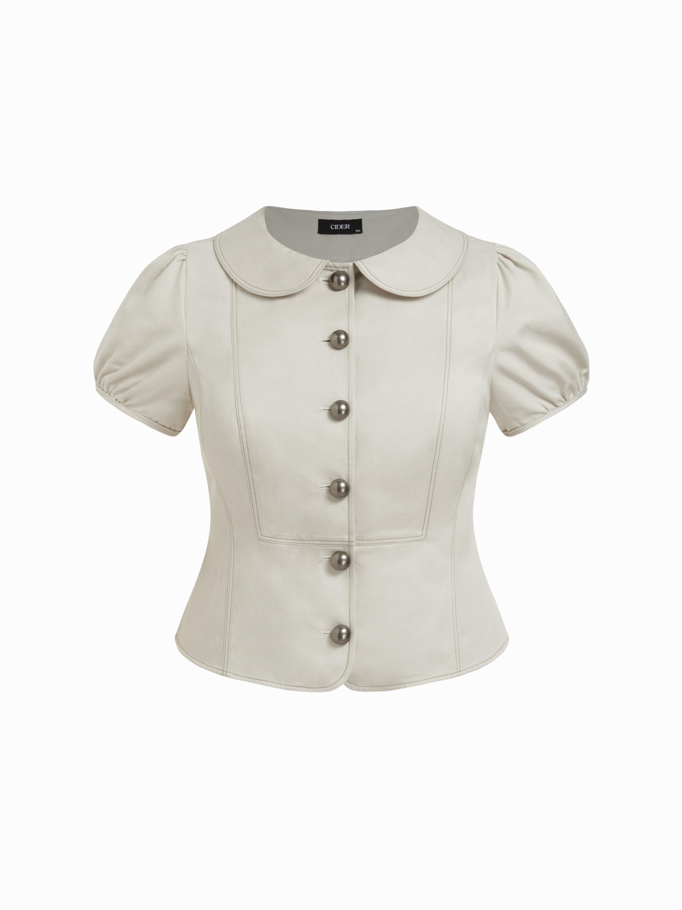 Cotton-blend Peter Pan Collar Puff Sleeve Blouse Curve & Plus by CIDER