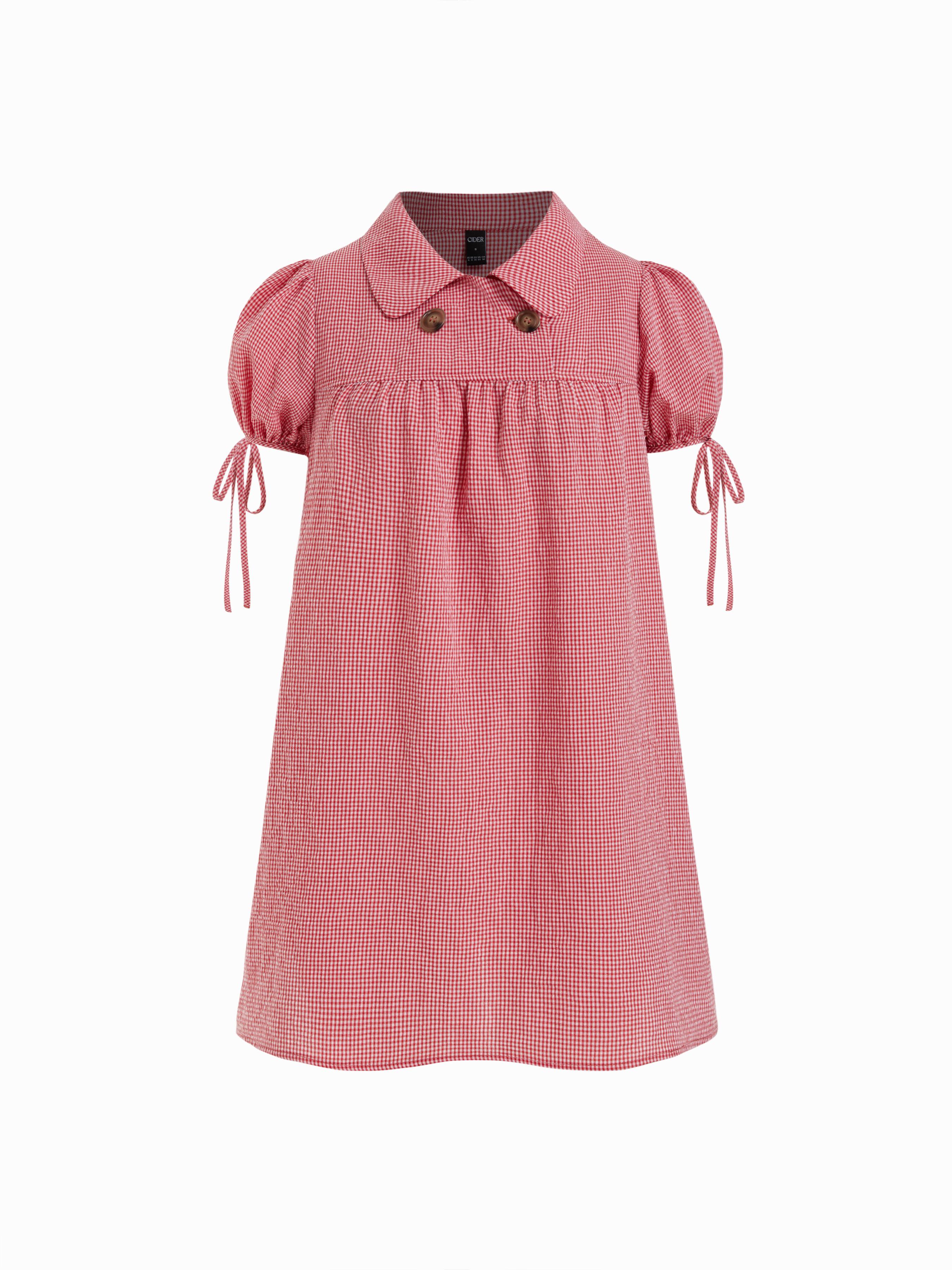 Cotton-blend Peter Pan Collar Puff Sleeve Check Smock Drawstring Mini Dress by CIDER