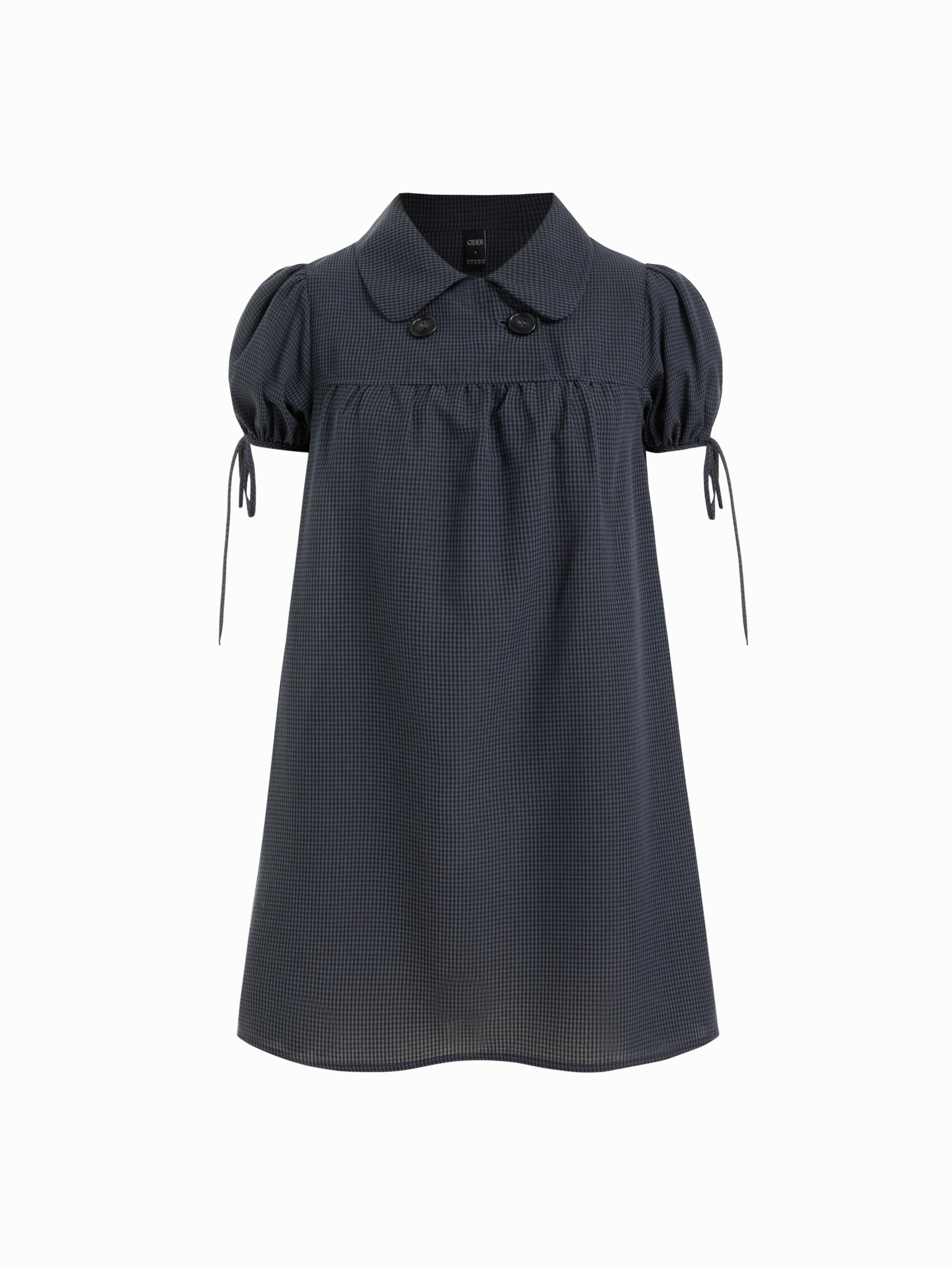 Cotton-blend Peter Pan Collar Puff Sleeve Check Smock Drawstring Mini Dress by CIDER