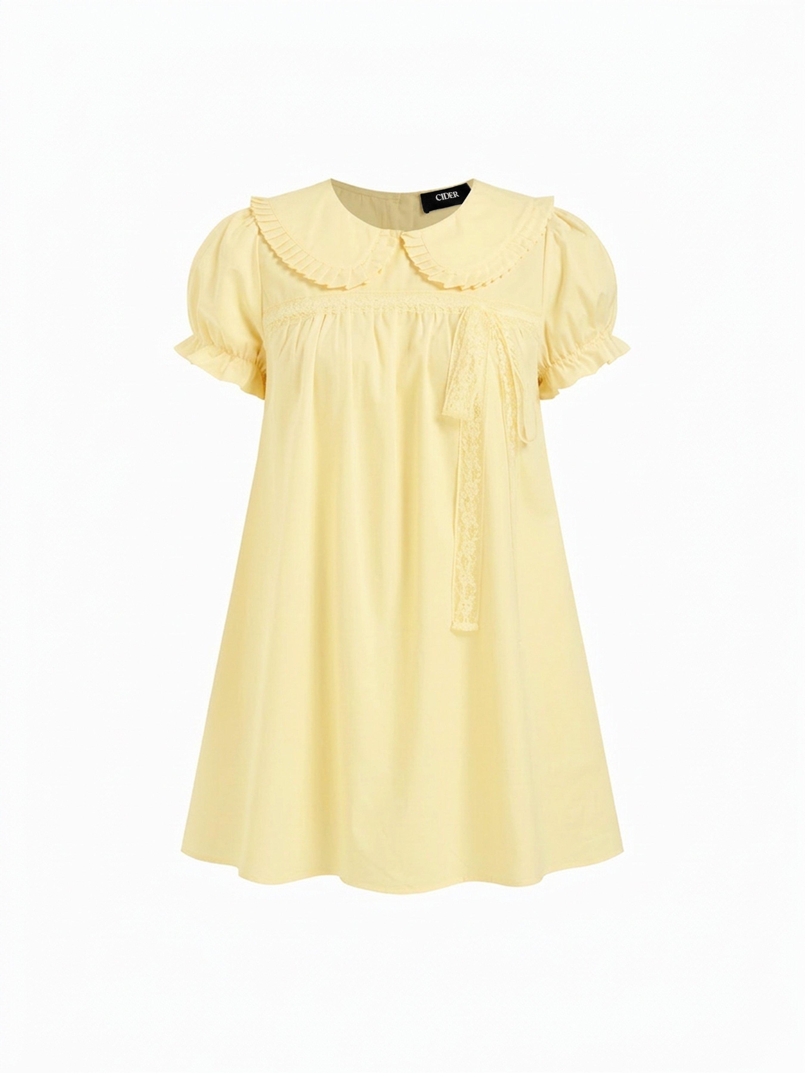 Cotton-blend Peter Pan Collar Puff Sleeve Lace Trim Mini Dress by CIDER