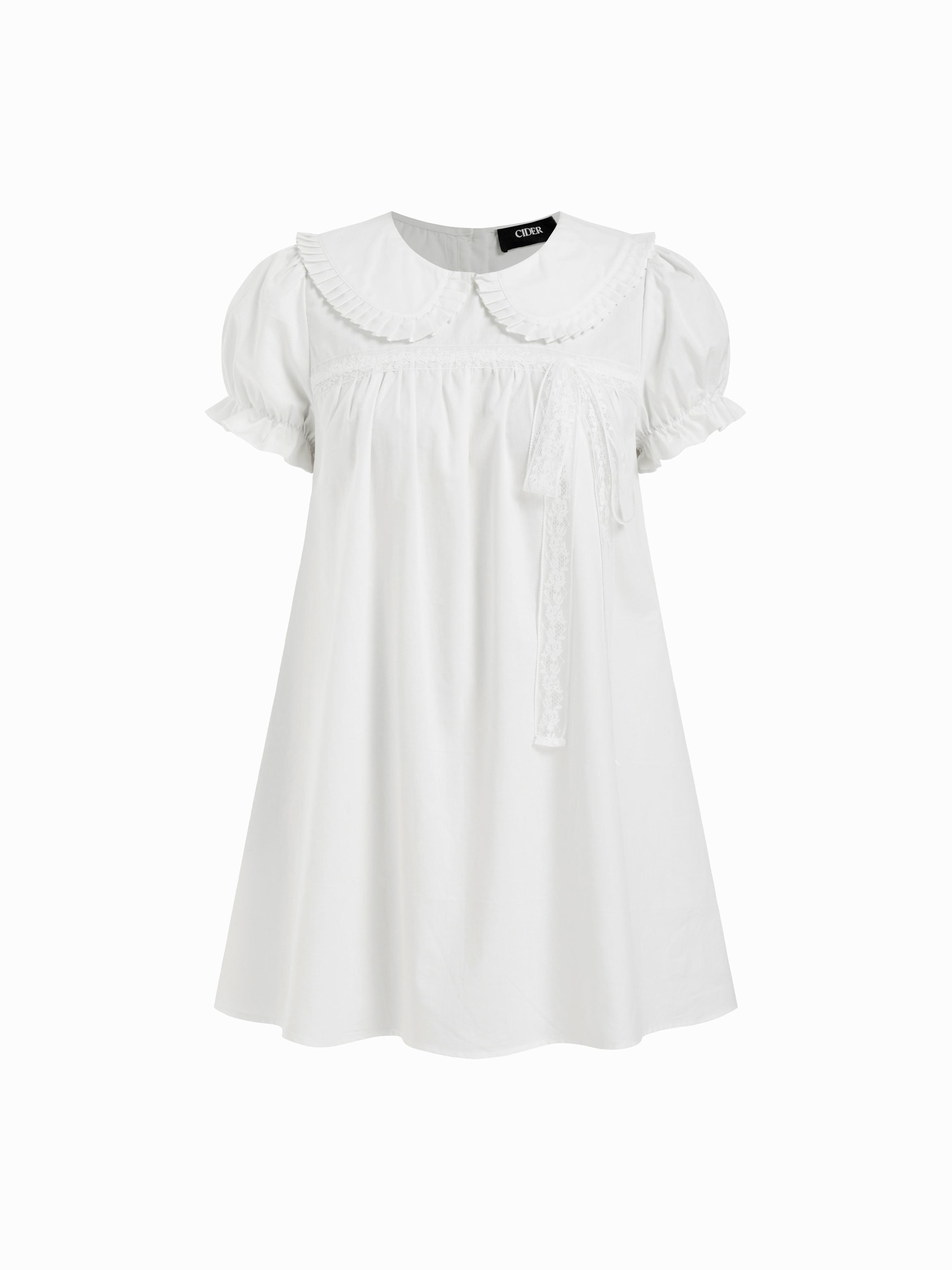 Cotton-blend Peter Pan Collar Puff Sleeve Lace Trim Mini Dress by CIDER