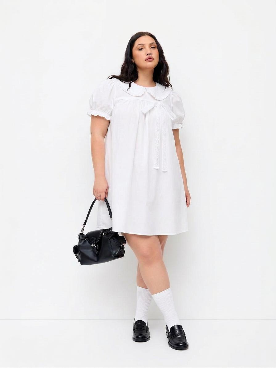 Cotton-blend Peter Pan Collar Puff Sleeve Lace Trim Mini Dress Curve & Plus by CIDER