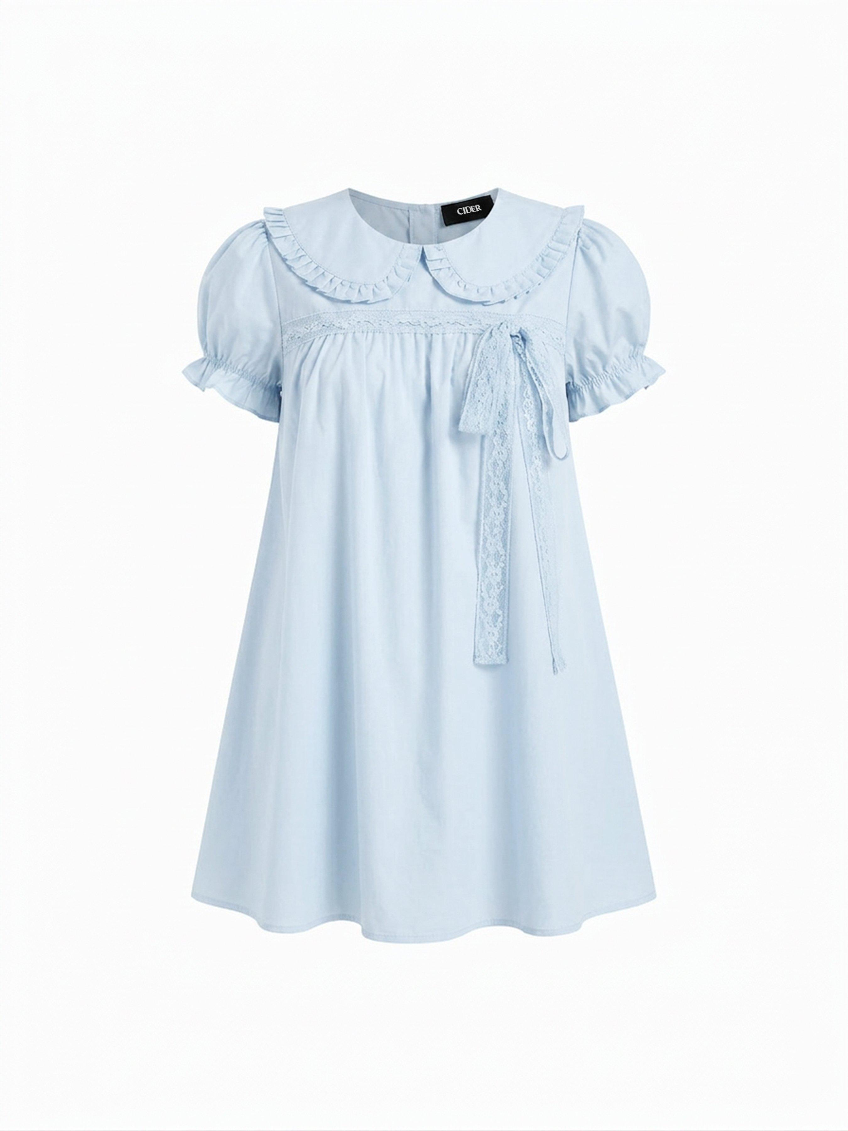 Cotton-blend Peter Pan Collar Puff Sleeve Lace Trim Mini Dress by CIDER