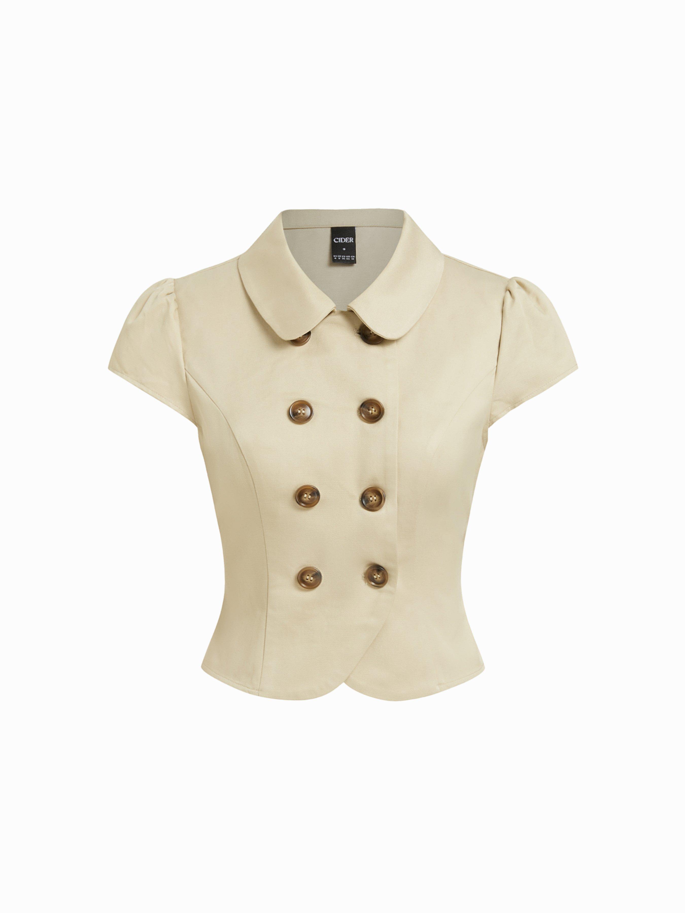 Cotton-blend Peter Pan Collar Puff Sleeve Metal Detail Double Breasted Blouse by CIDER