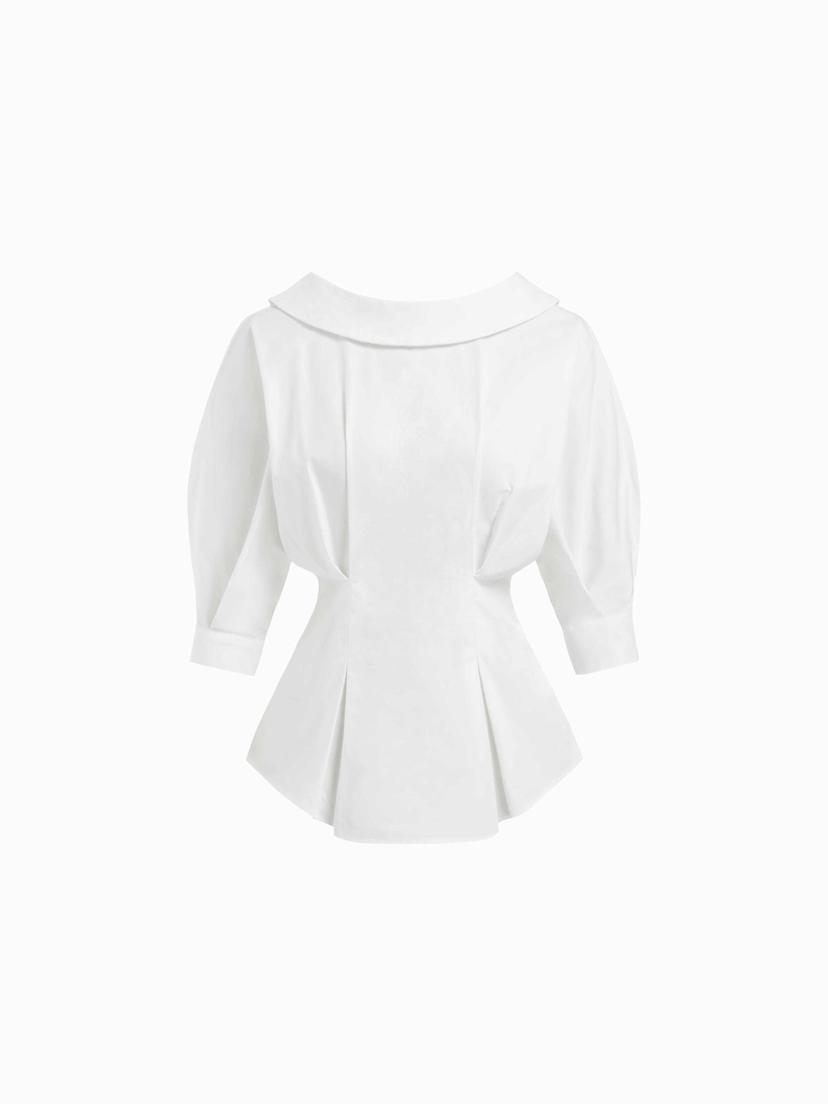 Cotton-blend Peter Pan Collar Puff Sleeve Reversible Blouse by CIDER