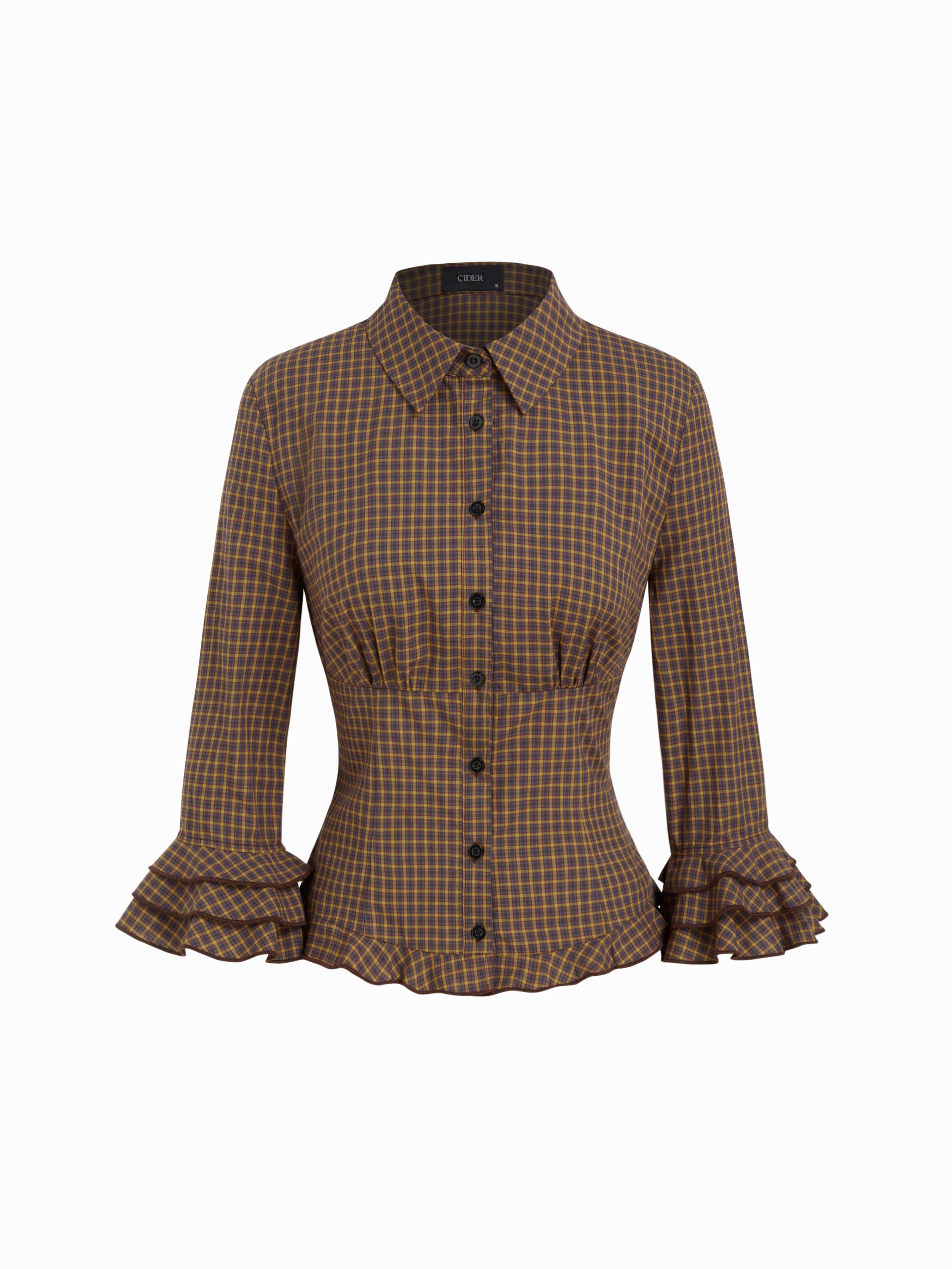 Cotton-blend Plaid Collar Lettuce Trim Layered Sleeve Shirt by CIDER