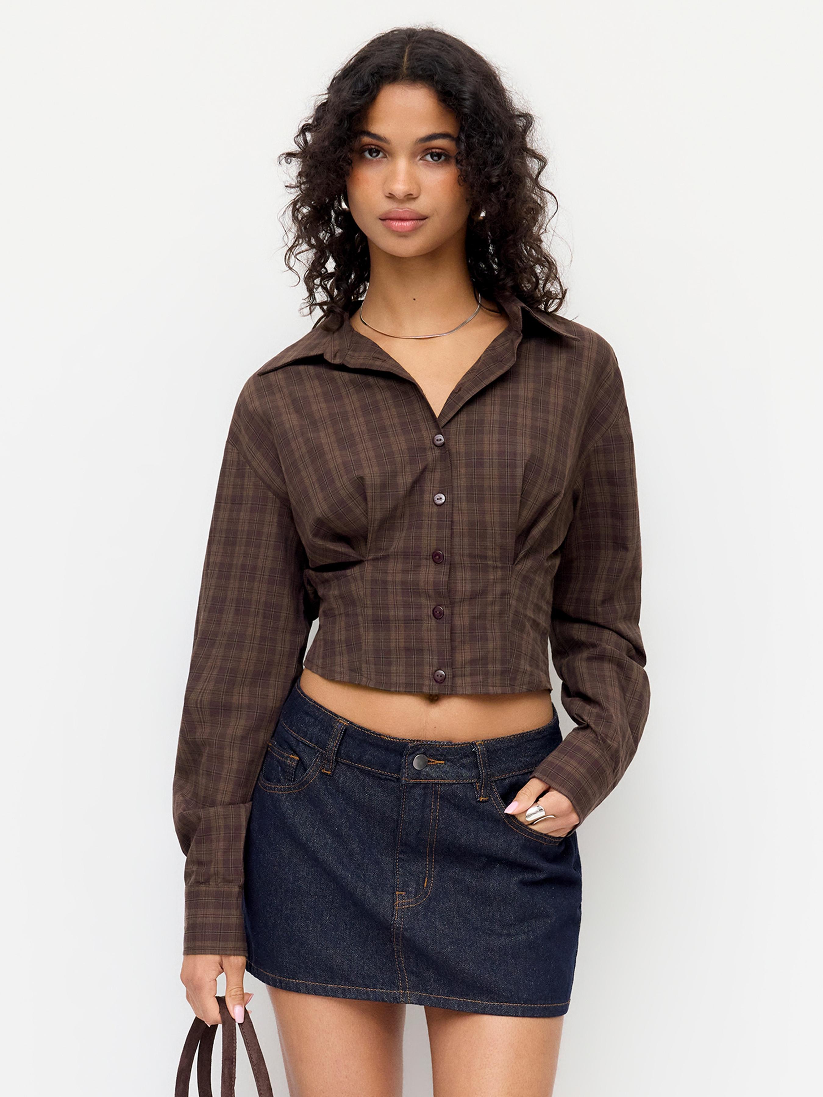 Cotton-blend Plaid Collar Ruched Button Blouse by CIDER