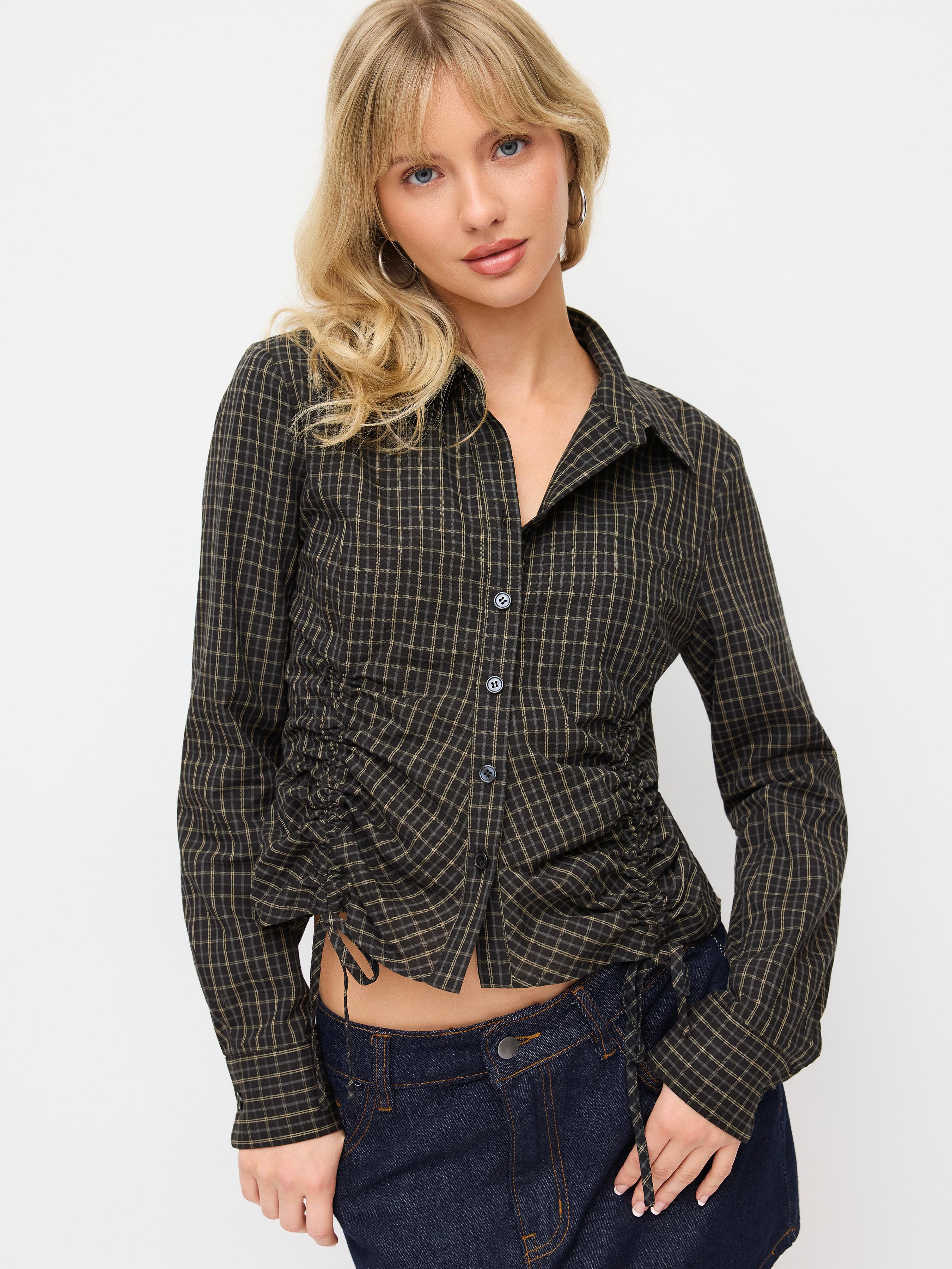Cotton-blend Plaid Drawstring Long Sleeve Shirt by CIDER