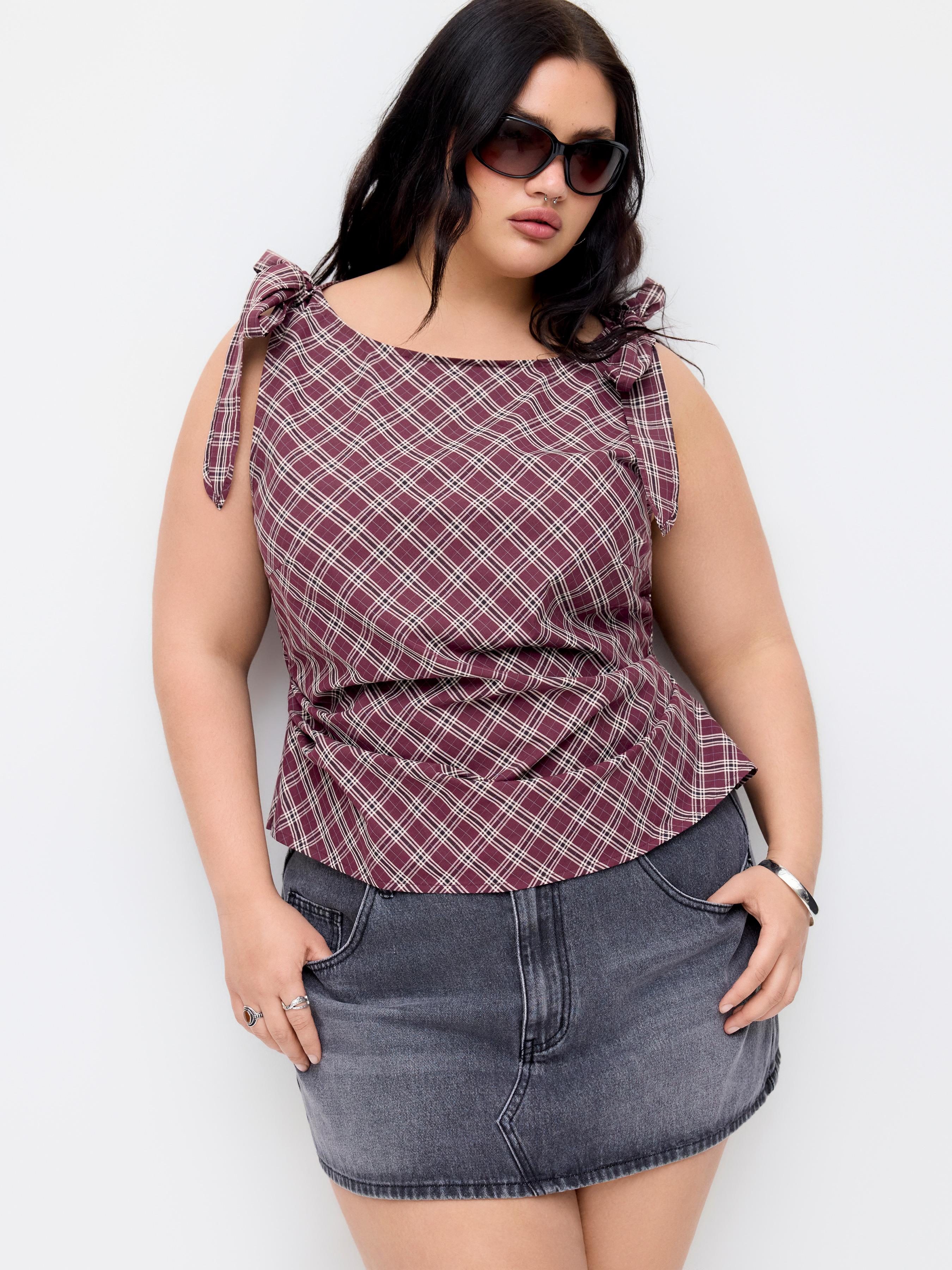 Cotton-blend Plaid Knotted Ruched Top Curve & Plus by CIDER