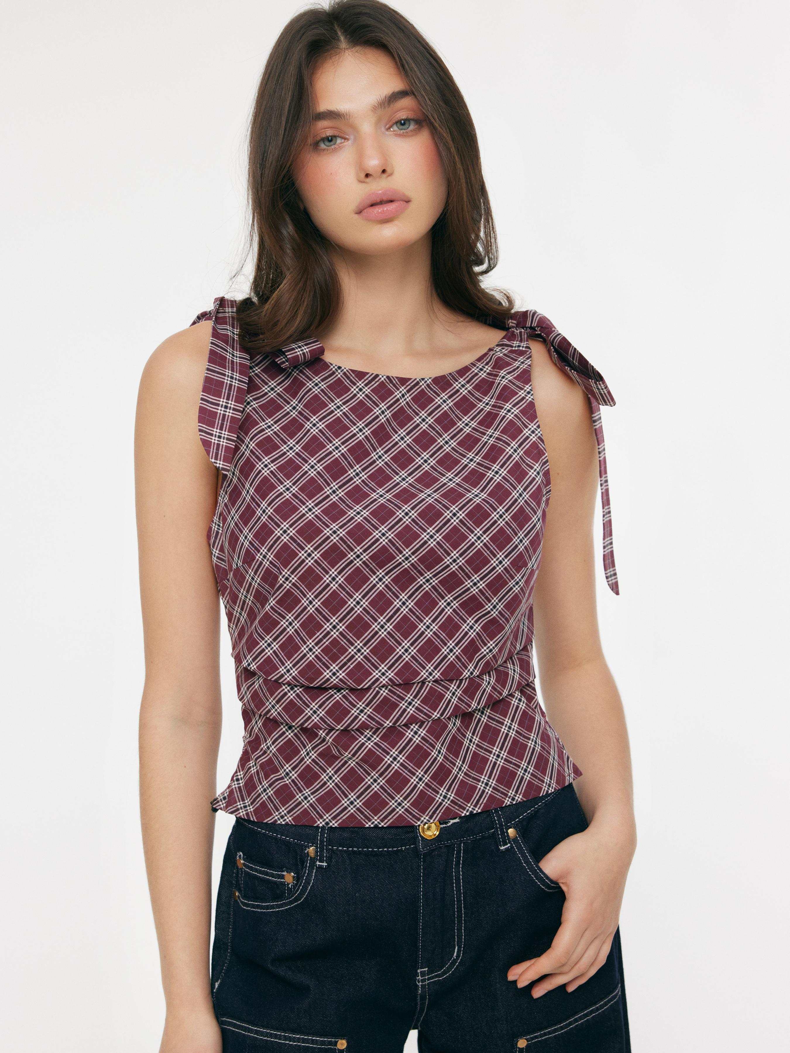 Cotton-blend Plaid Knotted Ruched Top by CIDER