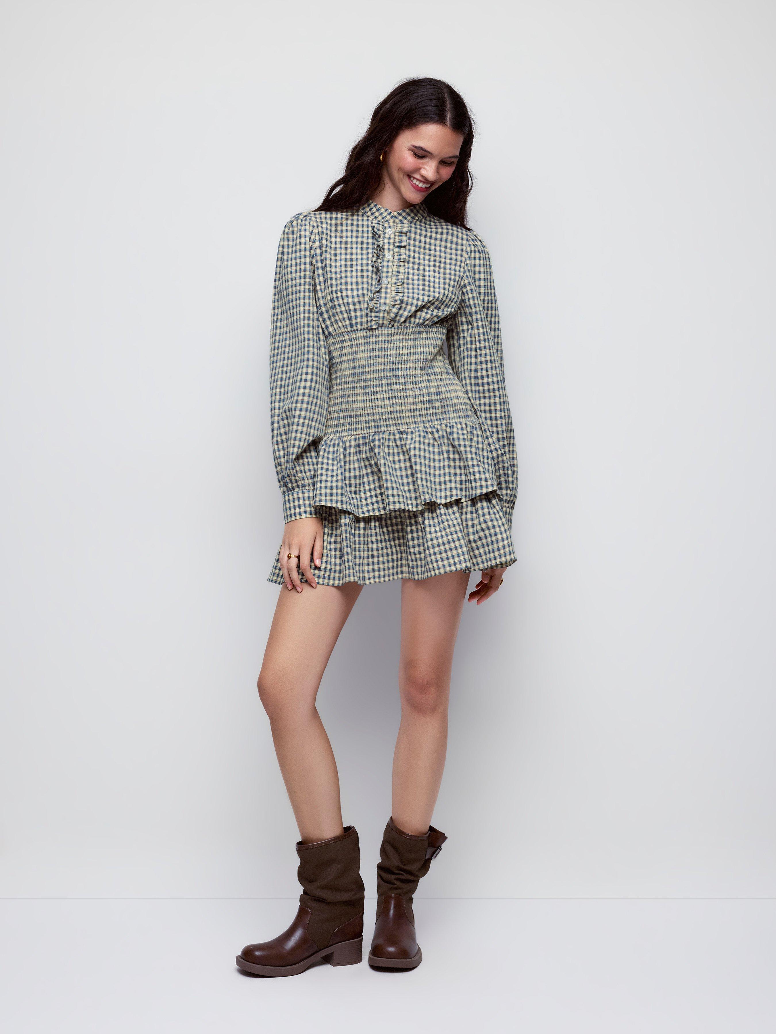 Cotton-blend Plaid Stand Collar Lantern Sleeve Ruffled Layered Mini Dress by CIDER