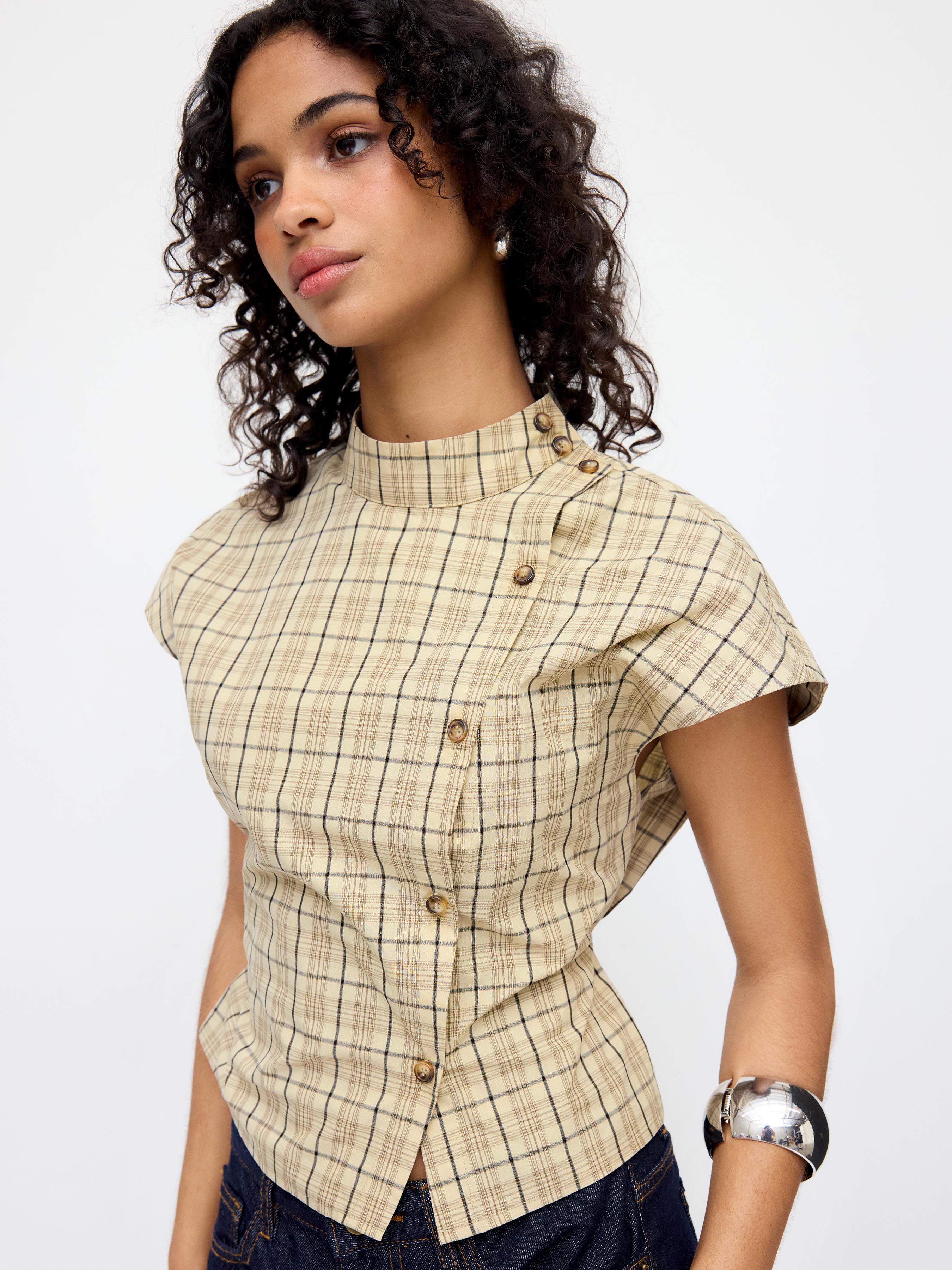 Cotton-blend Plaid Stand Collar Tie Back Blouse by CIDER