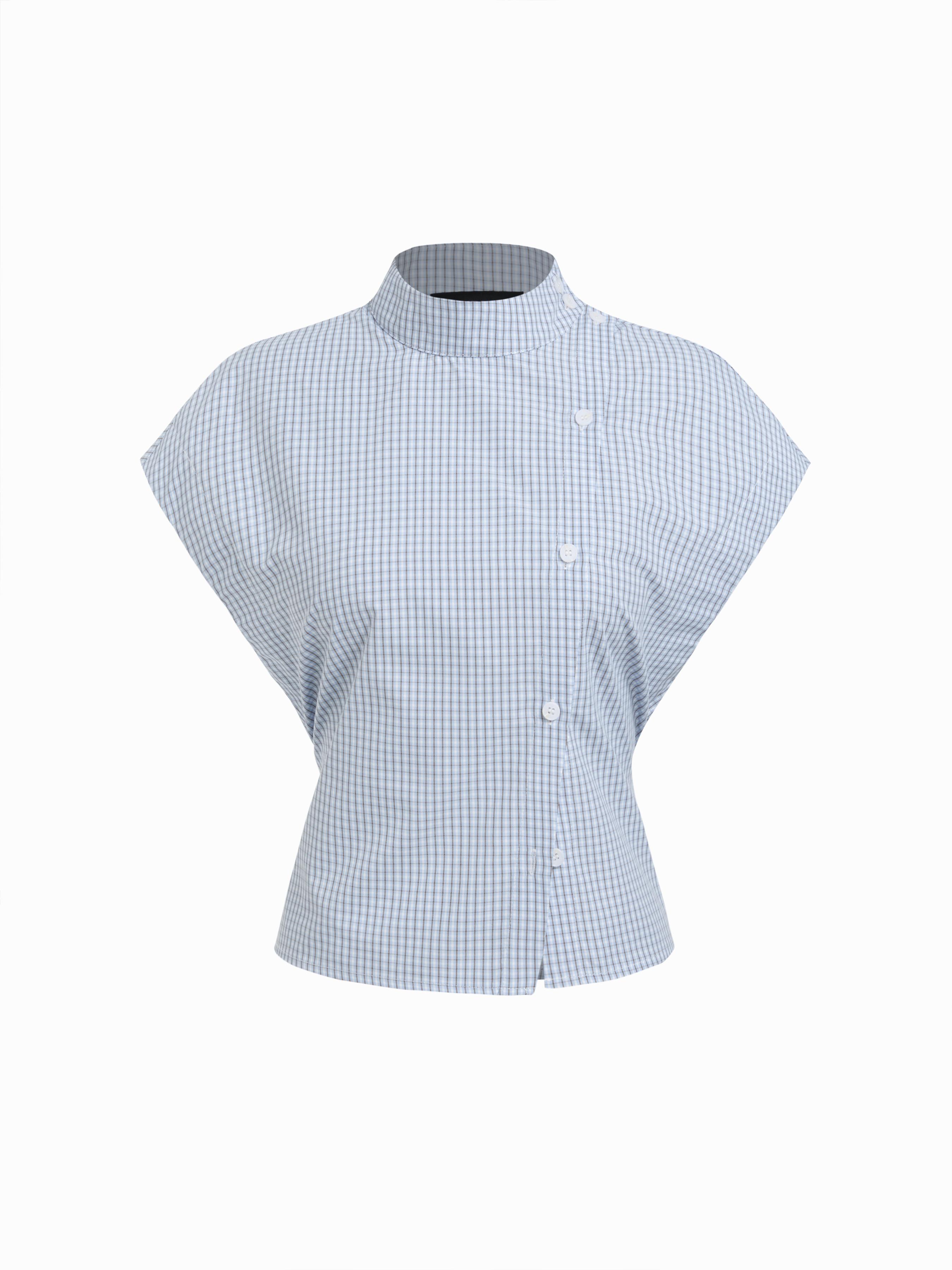 Cotton-blend Plaid Stand Collar Tie Back Blouse by CIDER