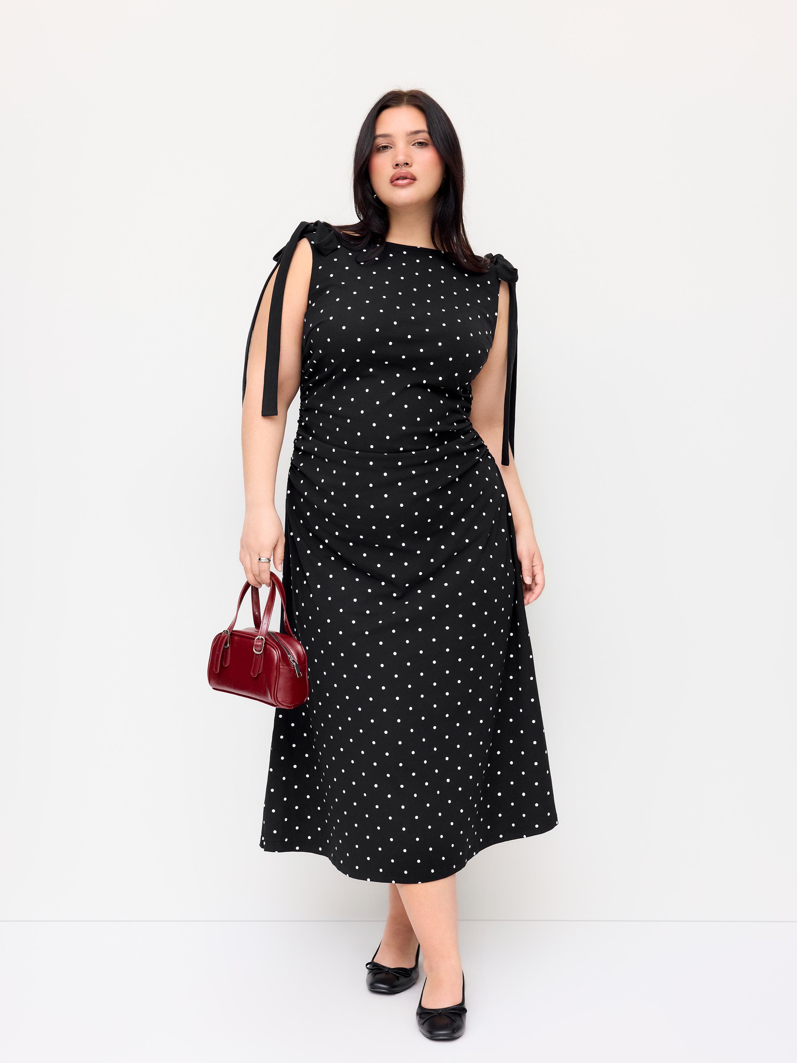 Cotton-blend Polka Dot Boat Neck Bowknot Ruched Midi Dress Curve & Plus by CIDER