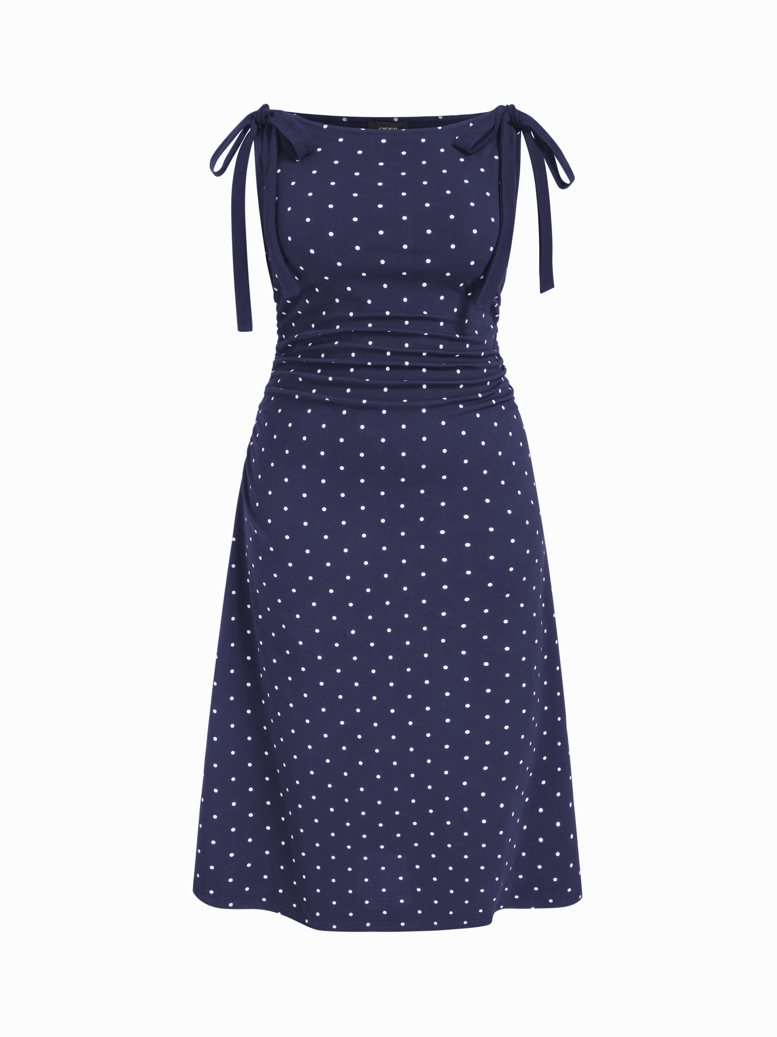 Cotton-blend Polka Dot Boat Neck Bowknot Ruched Midi Dress Curve & Plus by CIDER