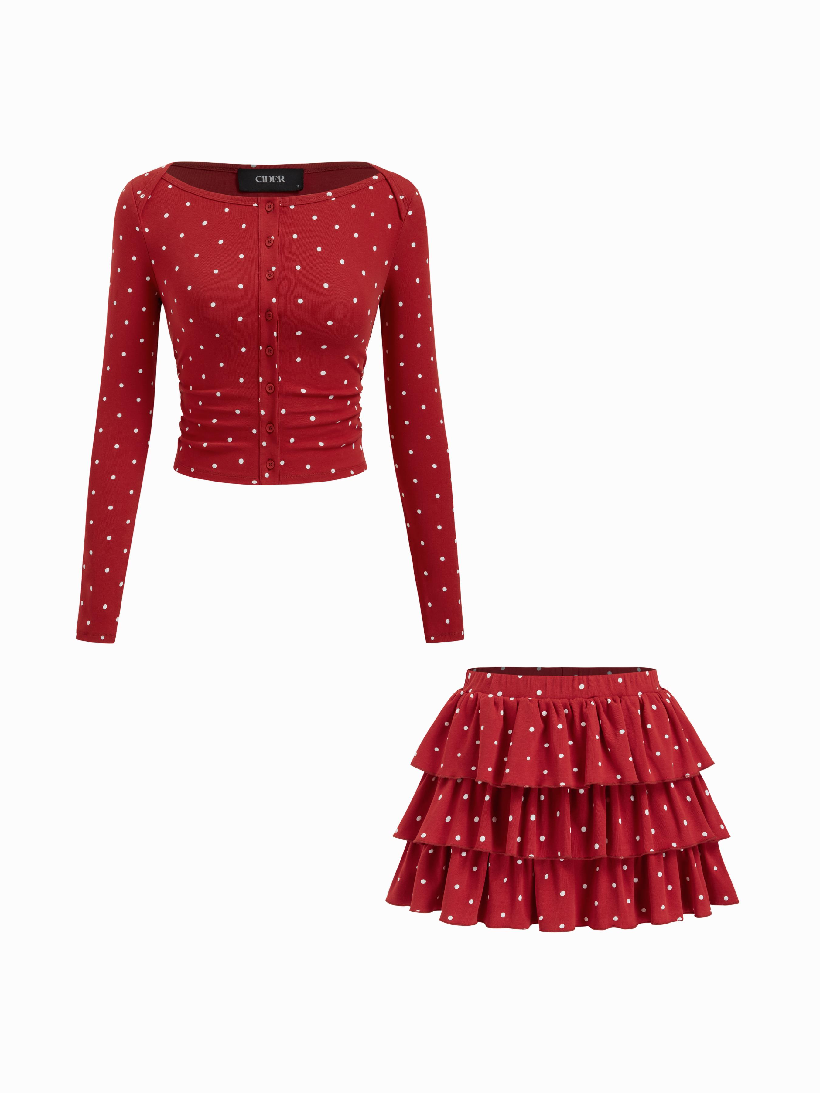 Cotton-blend Polka Dot Boat Neck Long Sleeve Top & Mid Rise Layered Mini Skirt Set by CIDER