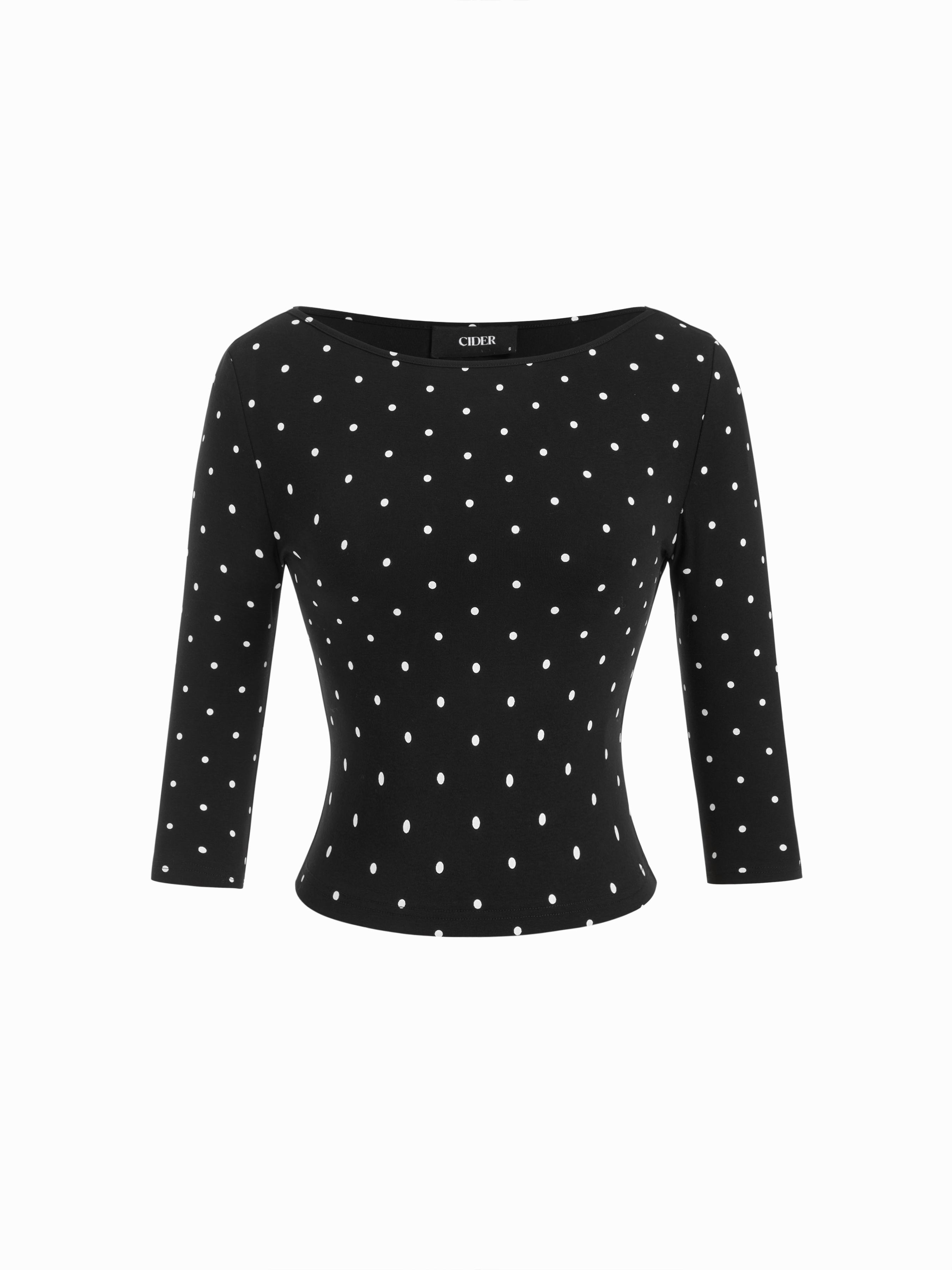 Cotton-blend Polka Dot Boat Neck Middle Sleeve Crop Tee by CIDER