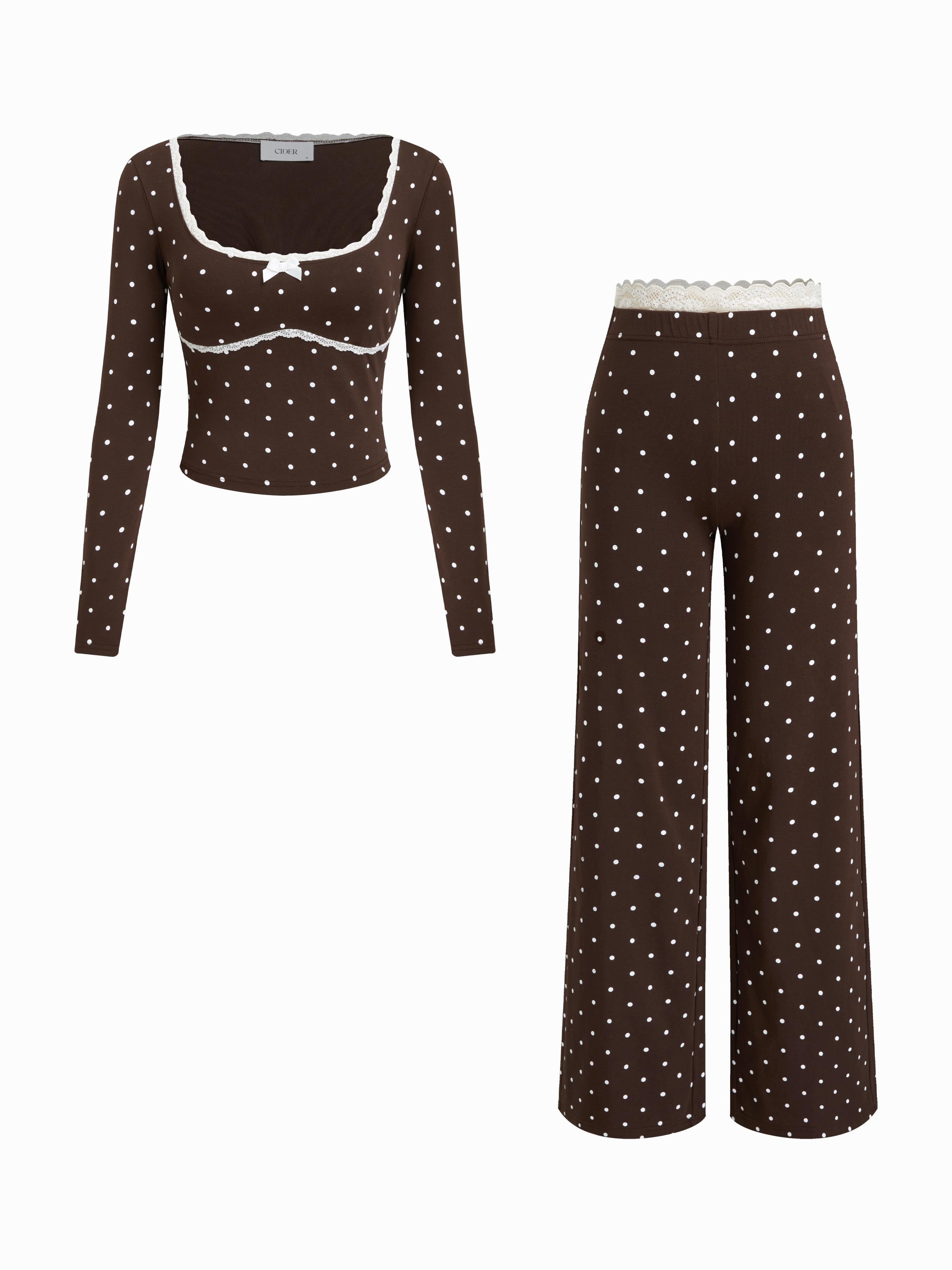 Cotton-blend Polka Dot Lace Bowknot Top & Mid Rise Lettuce Trim Straight Leg Trousers Loungewear Set by CIDER
